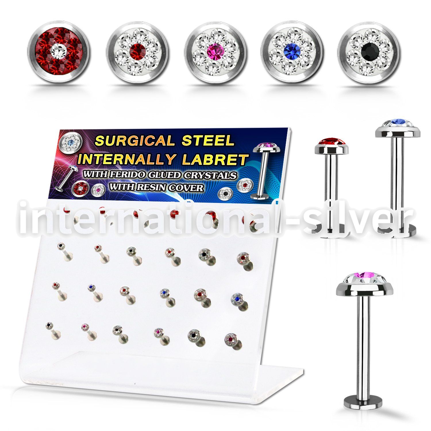 dacb226 steel internall labret w multi crystals dot flat top