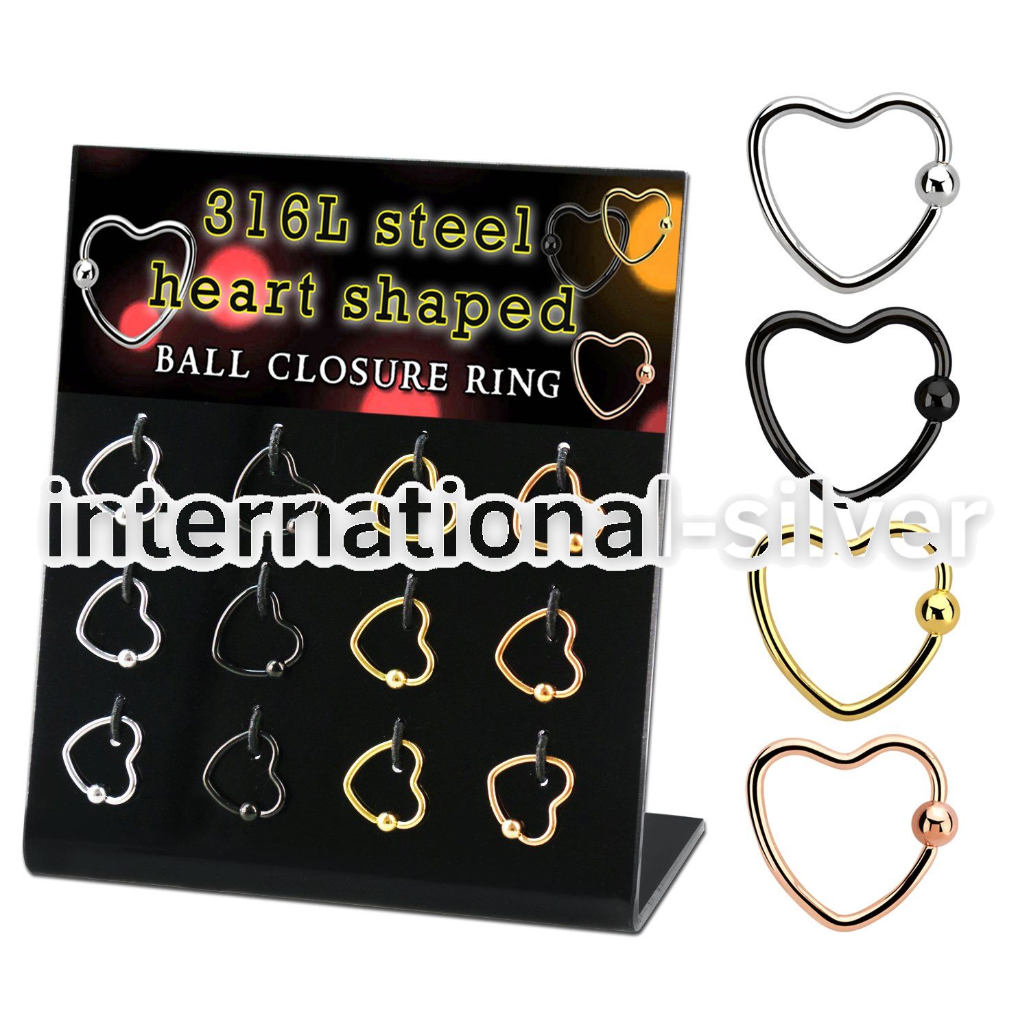 dacb231 board w pvd plated steel heart shaped ball closure rings