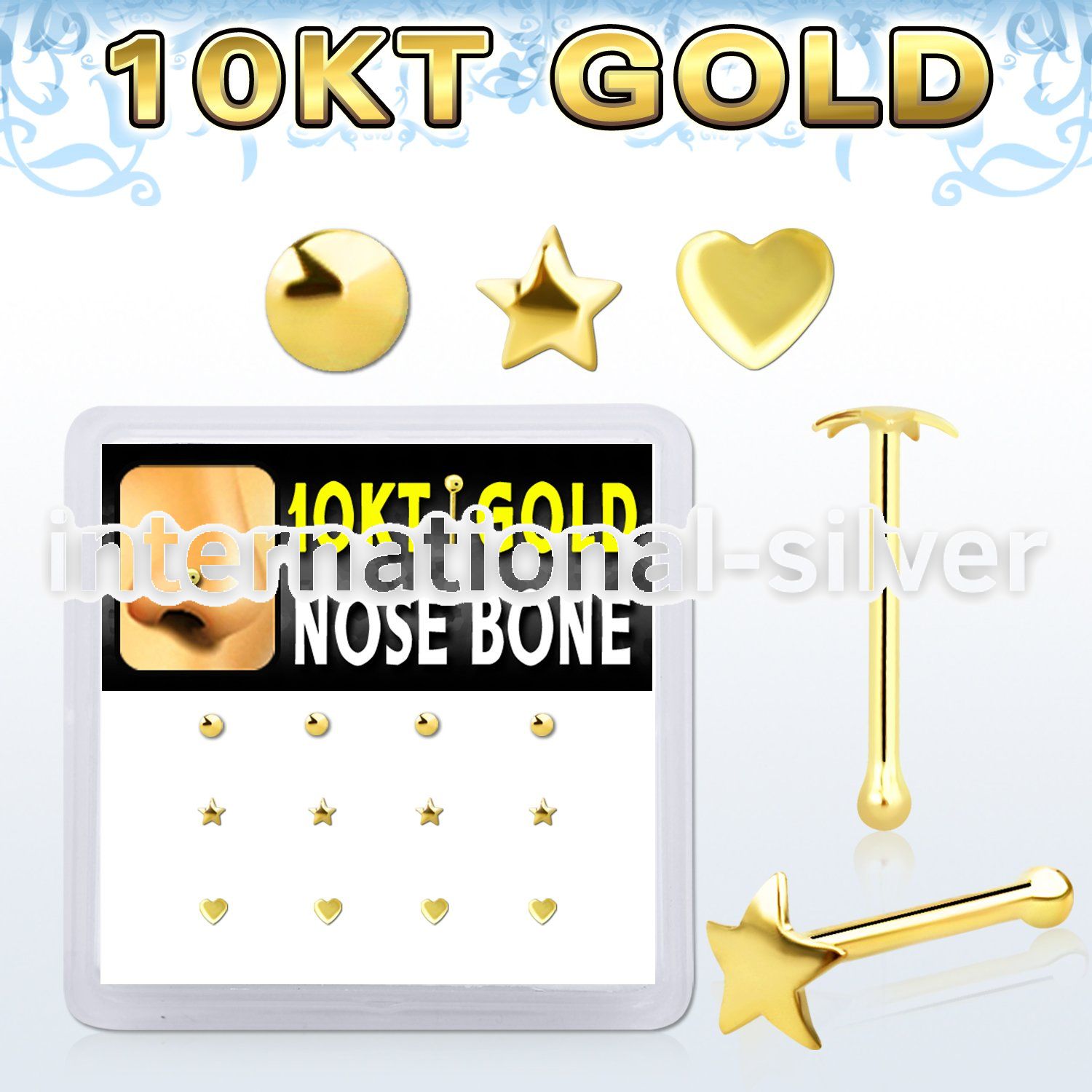 dginb10 10kt gold nose bone with star, heart and disc gold tops 