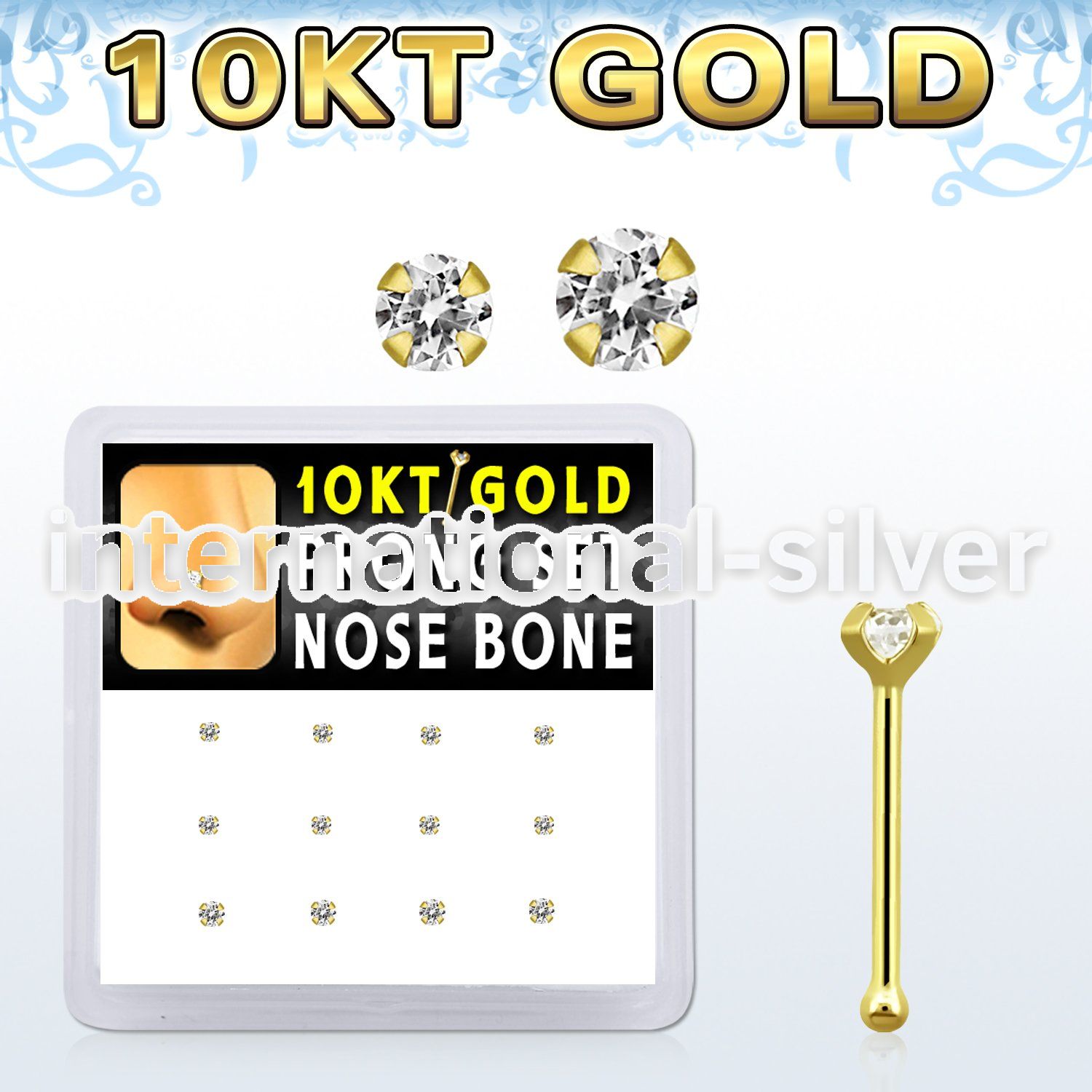 dginb11 box w 10kt gold nose bones w 1.5 2 mm round cz tops