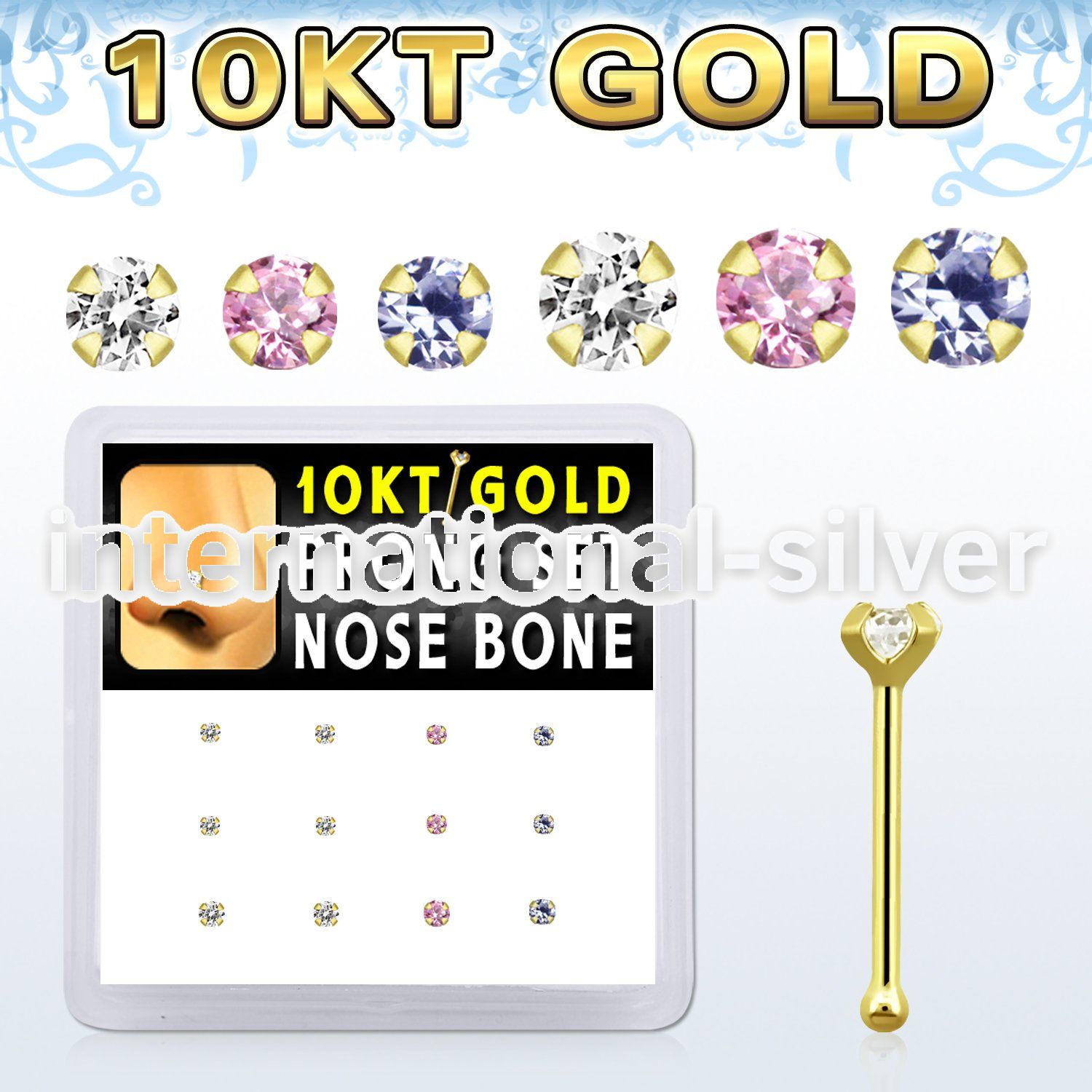 dginb12 box w 10kt gold nose bones w 1.5 2 mm round cz tops