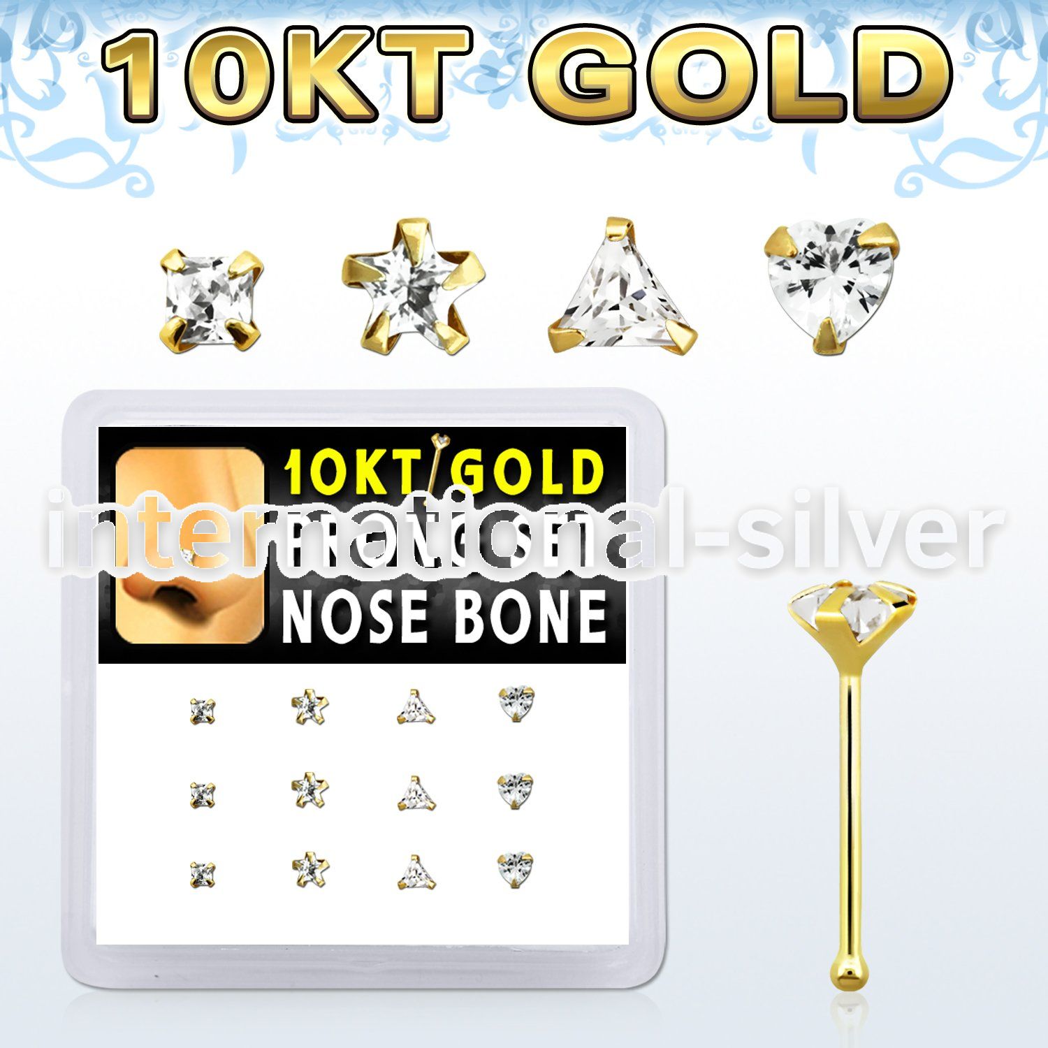 dginb13 box w 10kt gold nose bones w 3 mm special shape cz tops