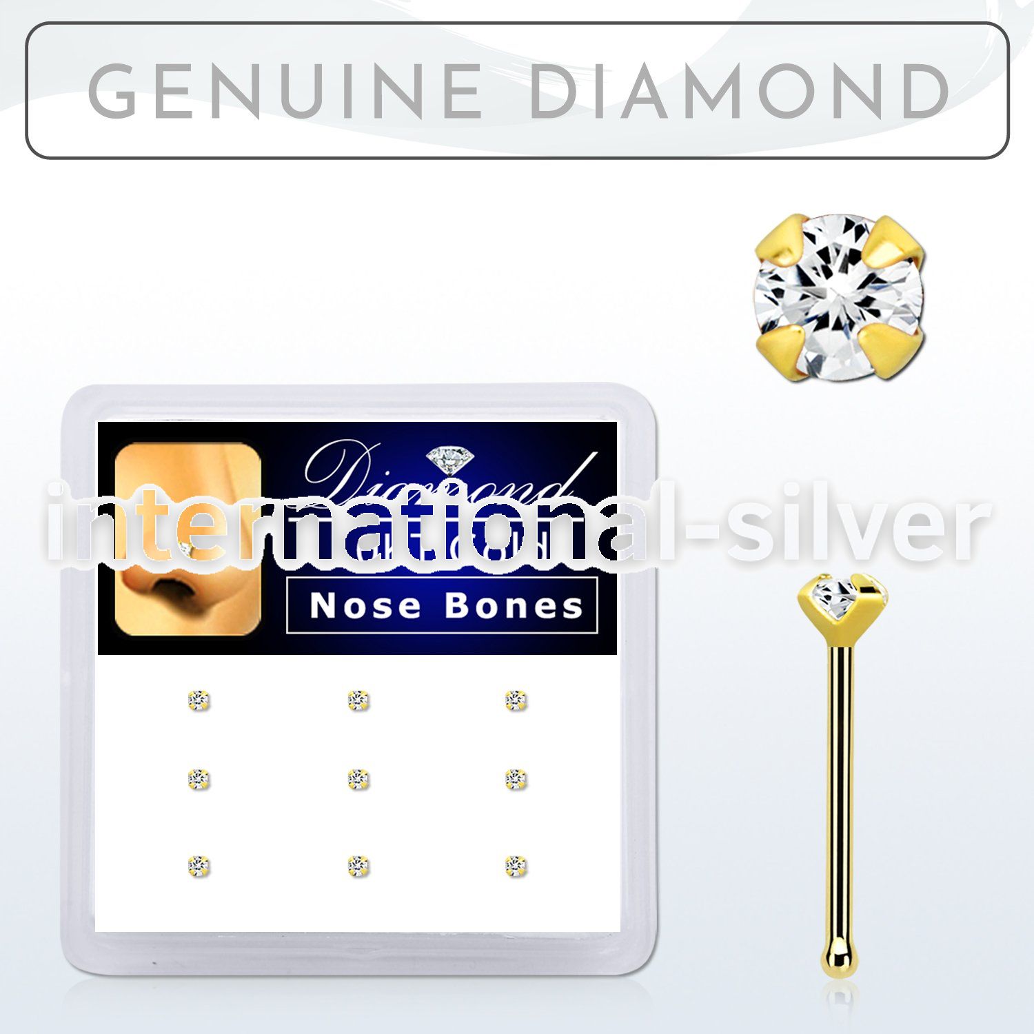 dginb15 box w 10kt gold nose bones w 1.5 real prong set diamonds