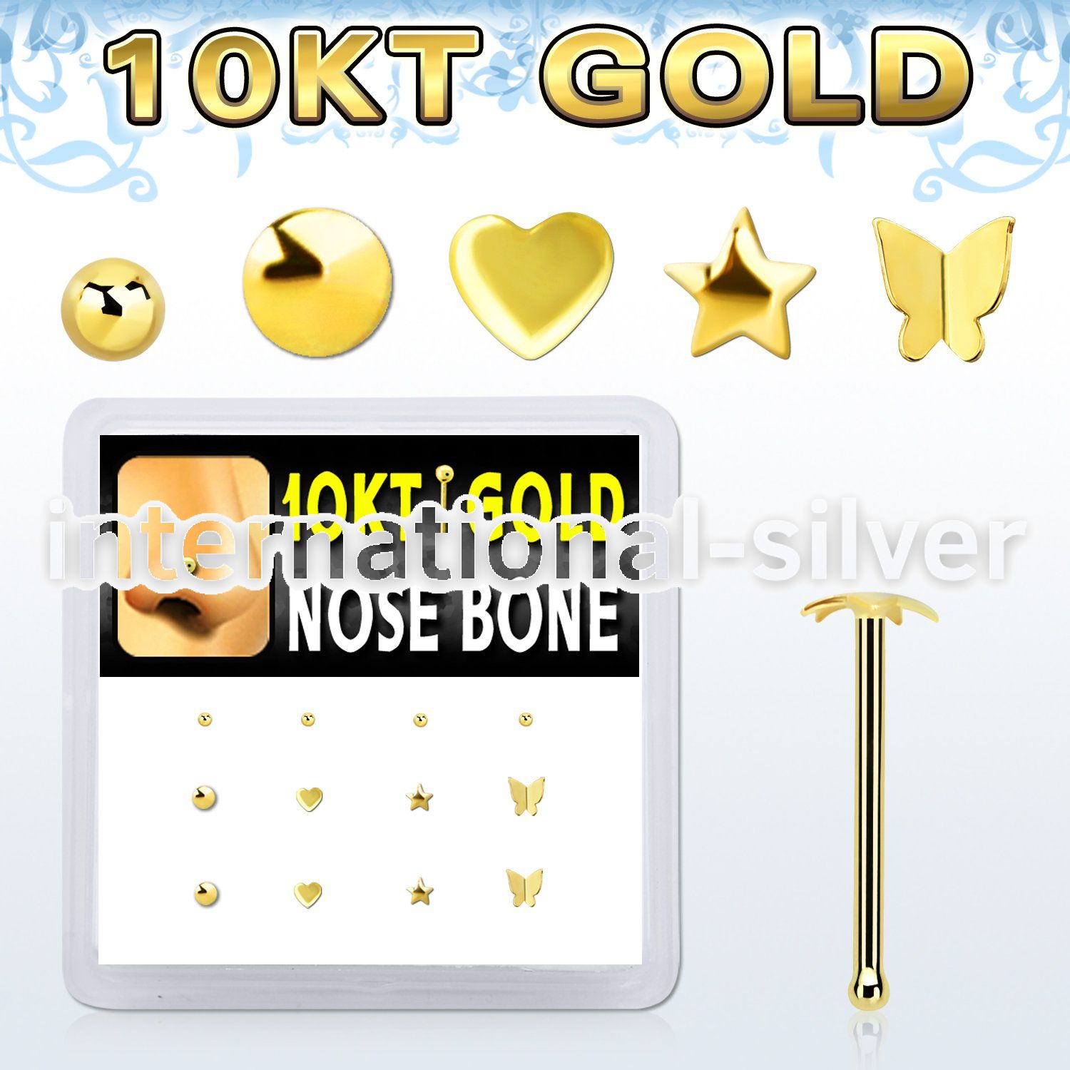 dginb16 box w 10kt gold nose bones w mixed plain tops
