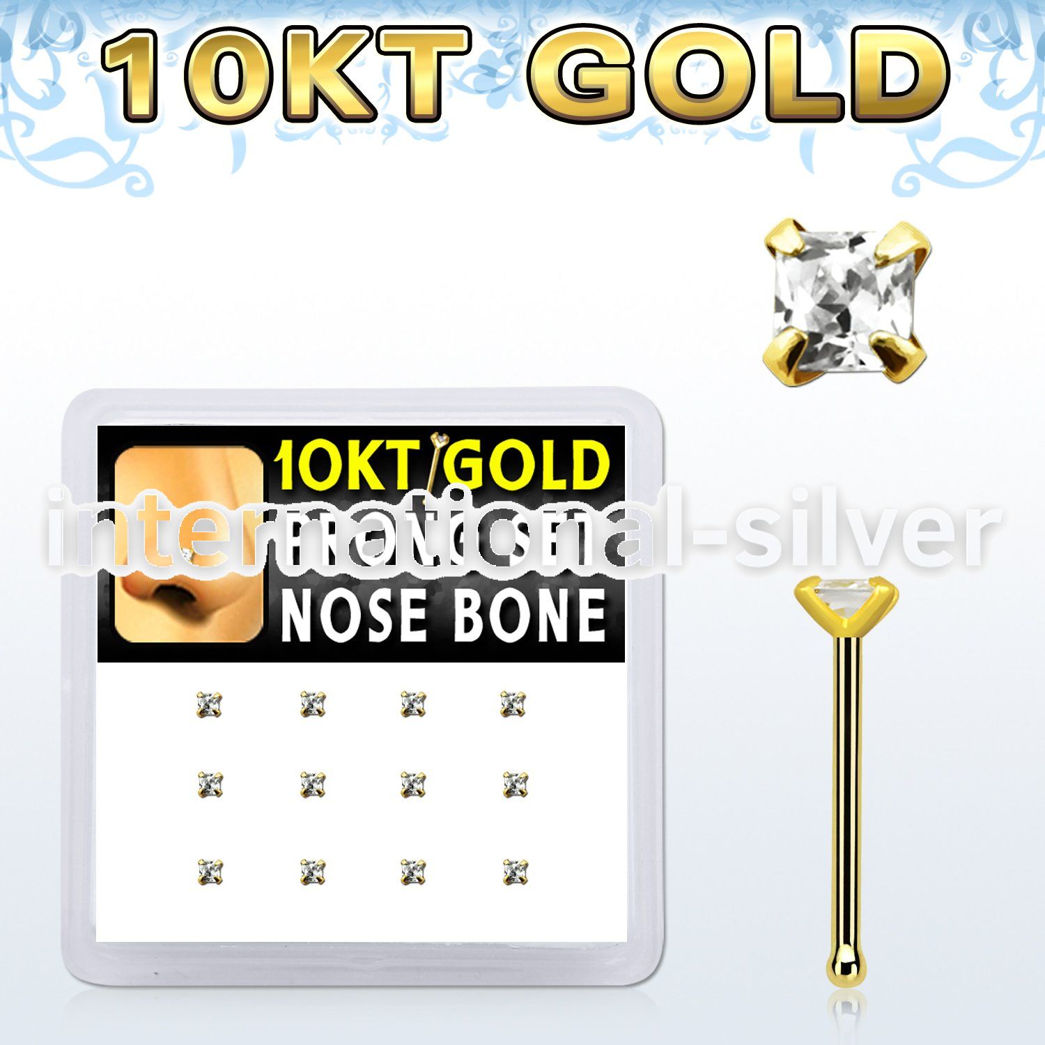 dginb19 box w 10kt gold nose bones w prong set 2mm square cz 