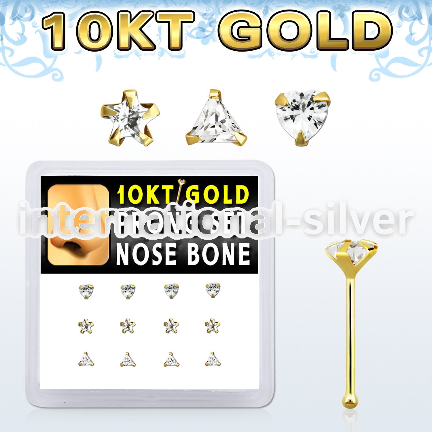 dginb20 box w 10kt gold nose bones w 3mm cz in mixed shapes