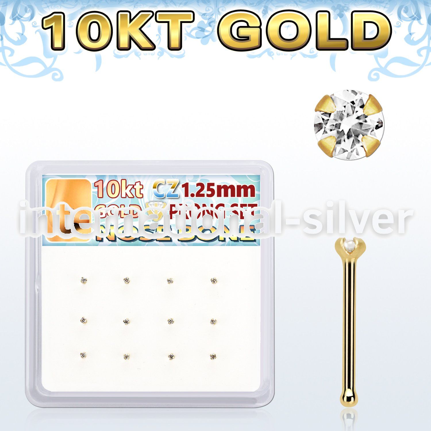 dginb22 box w 12 pcs. of 10kt gold nose bones w 1.25mm clear cz 