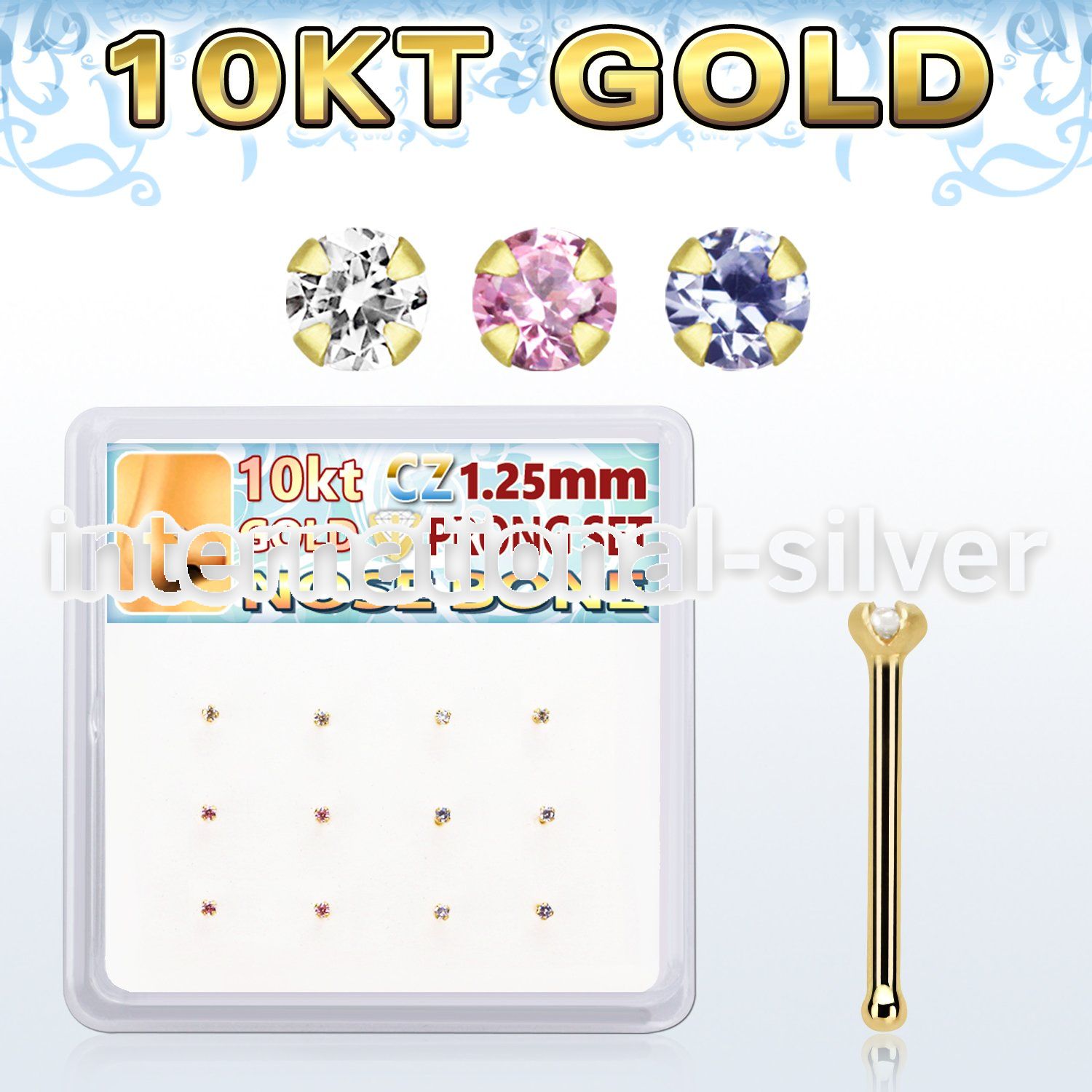 dginb23 box w 10kt gold nose bones w 1.25mm round cz 