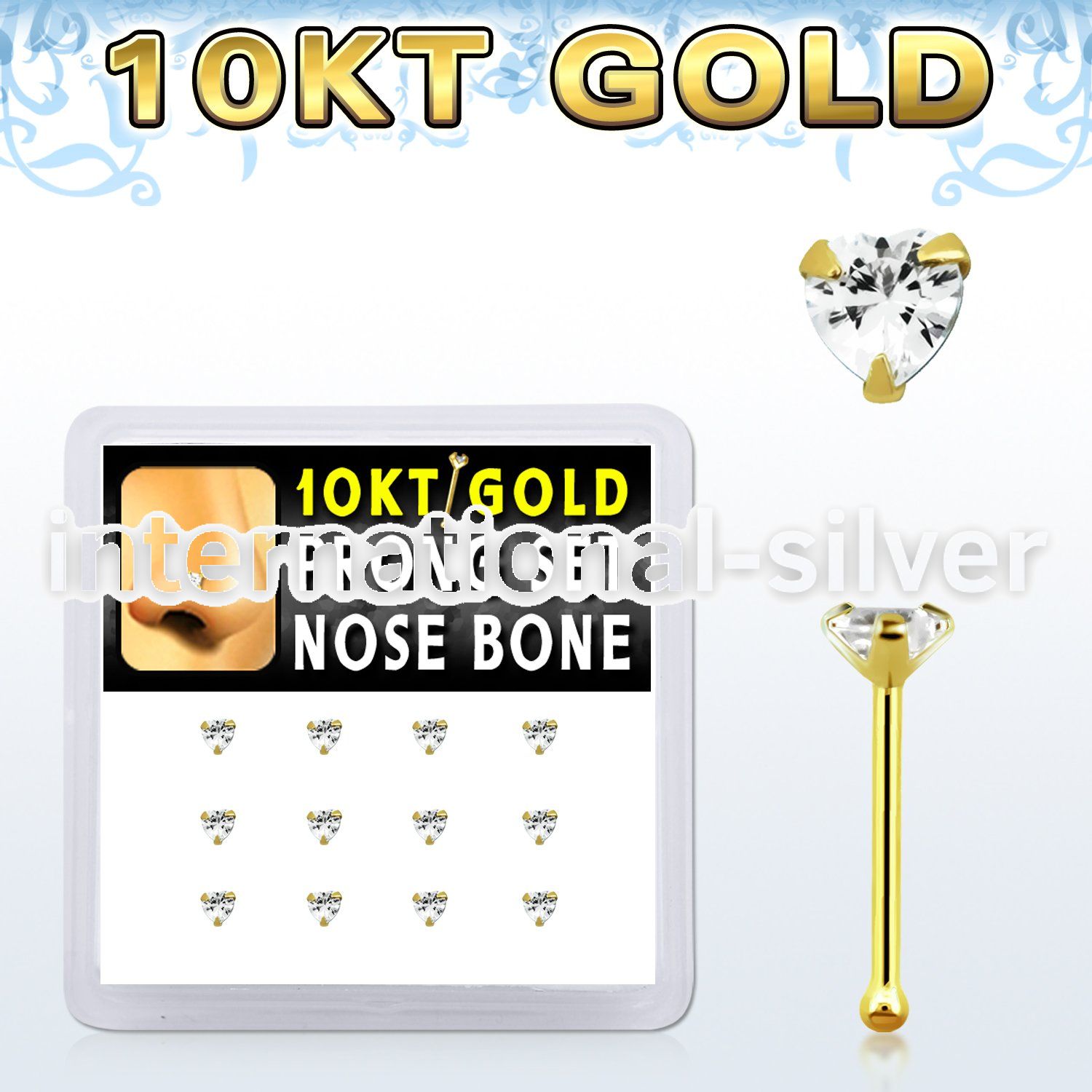 dginb3 10kt gold nose bone with 3mm prong clear cz heart