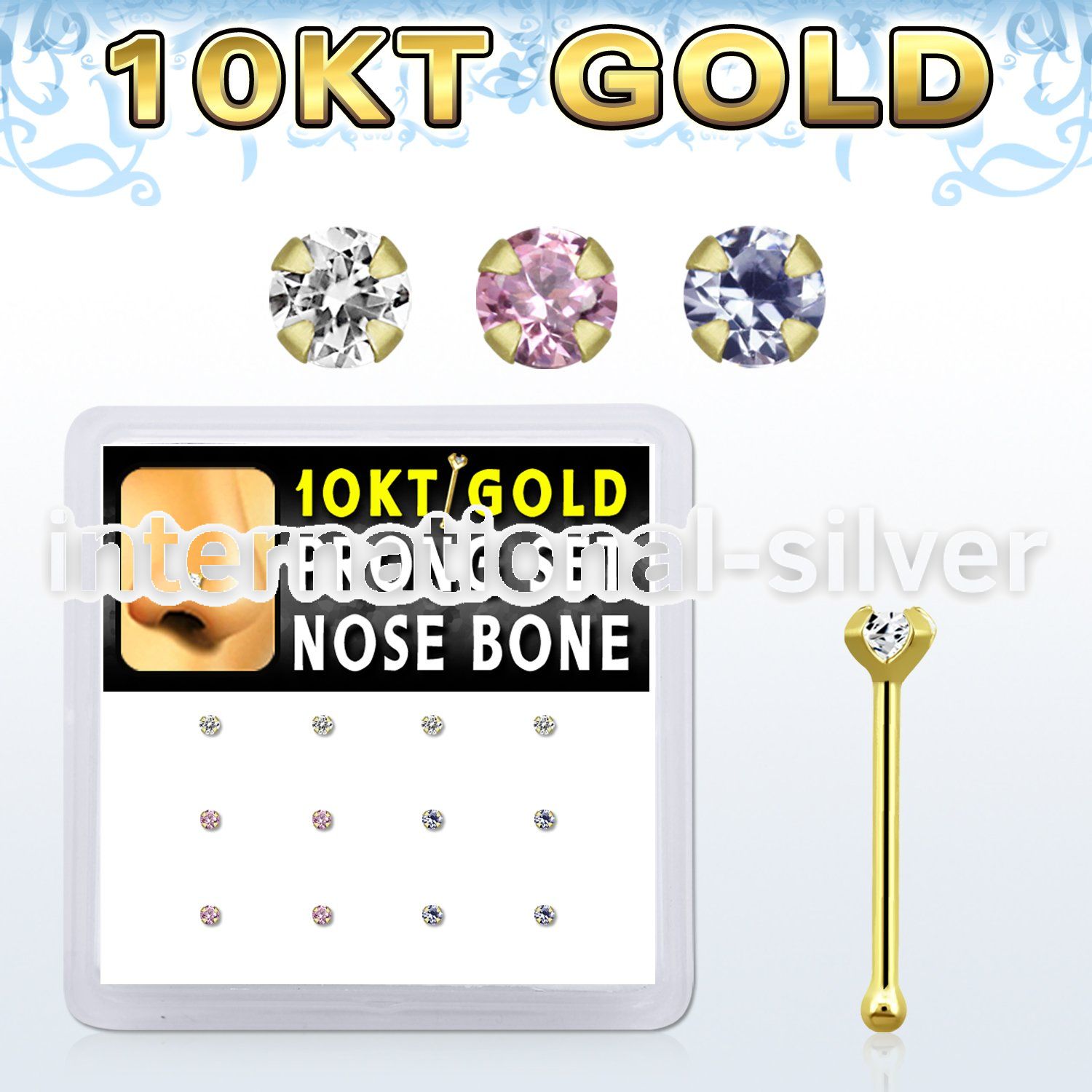 dginb4 10kt gold nose bone with 1.5mm prong round cz stone