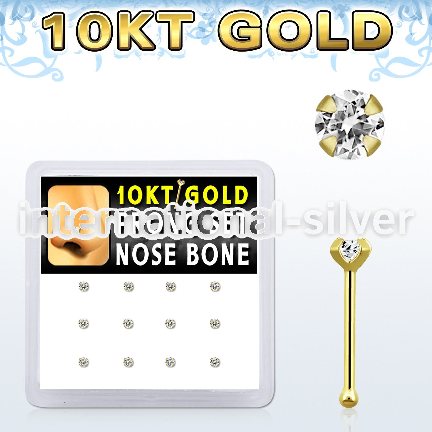 dginb6 10kt gold nose bone with 2mm prong clear round cz stone
