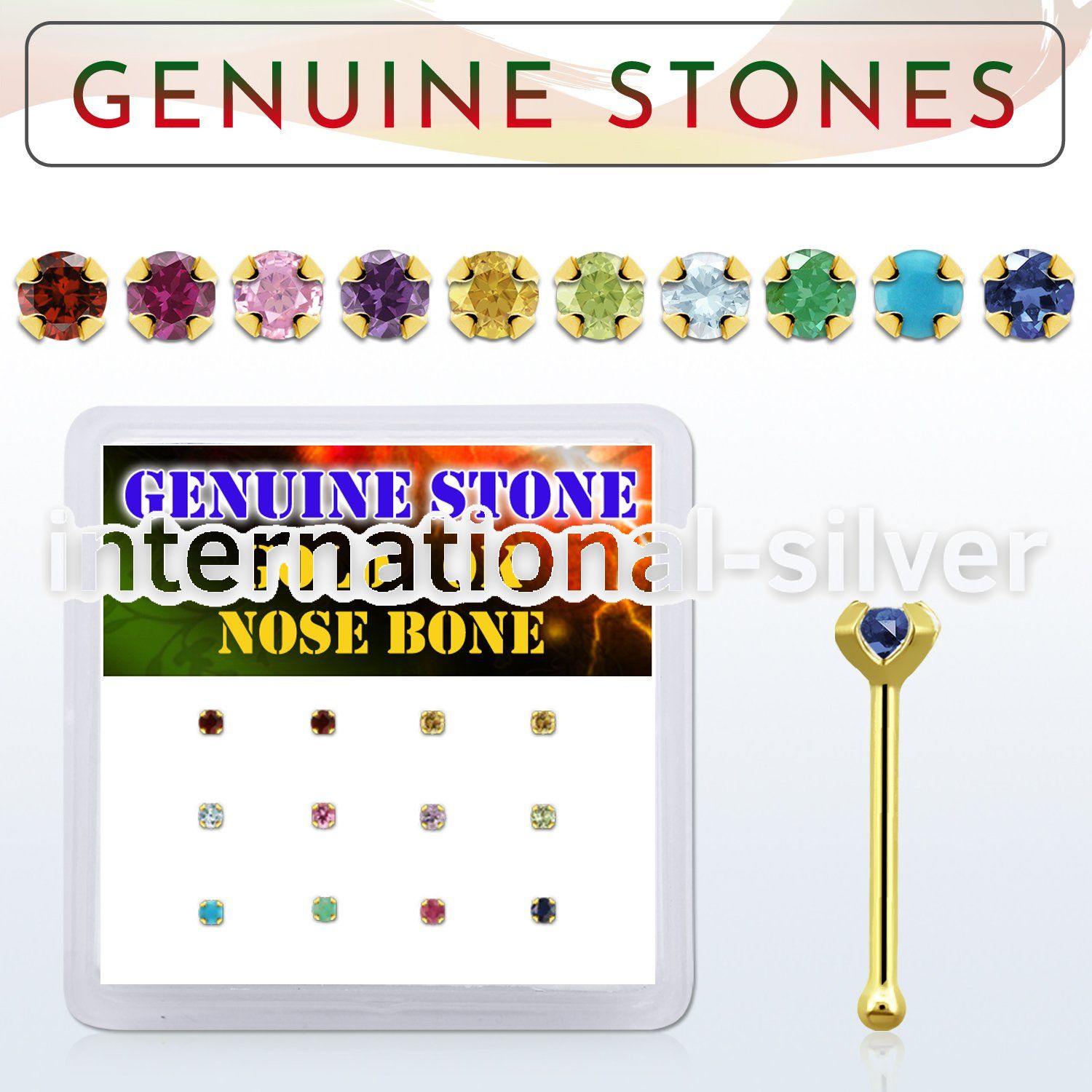 dginb8 10kt gold nose bone with prong various precious stones