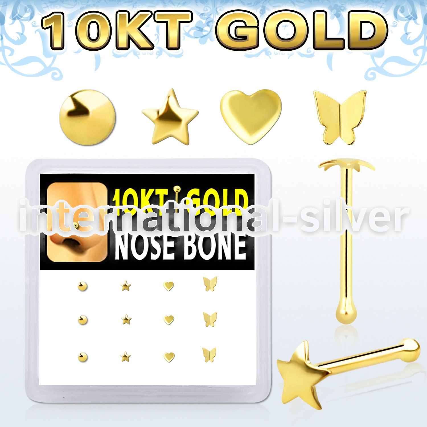 dginb9 10kt gold nose bone with assorted shaped tops