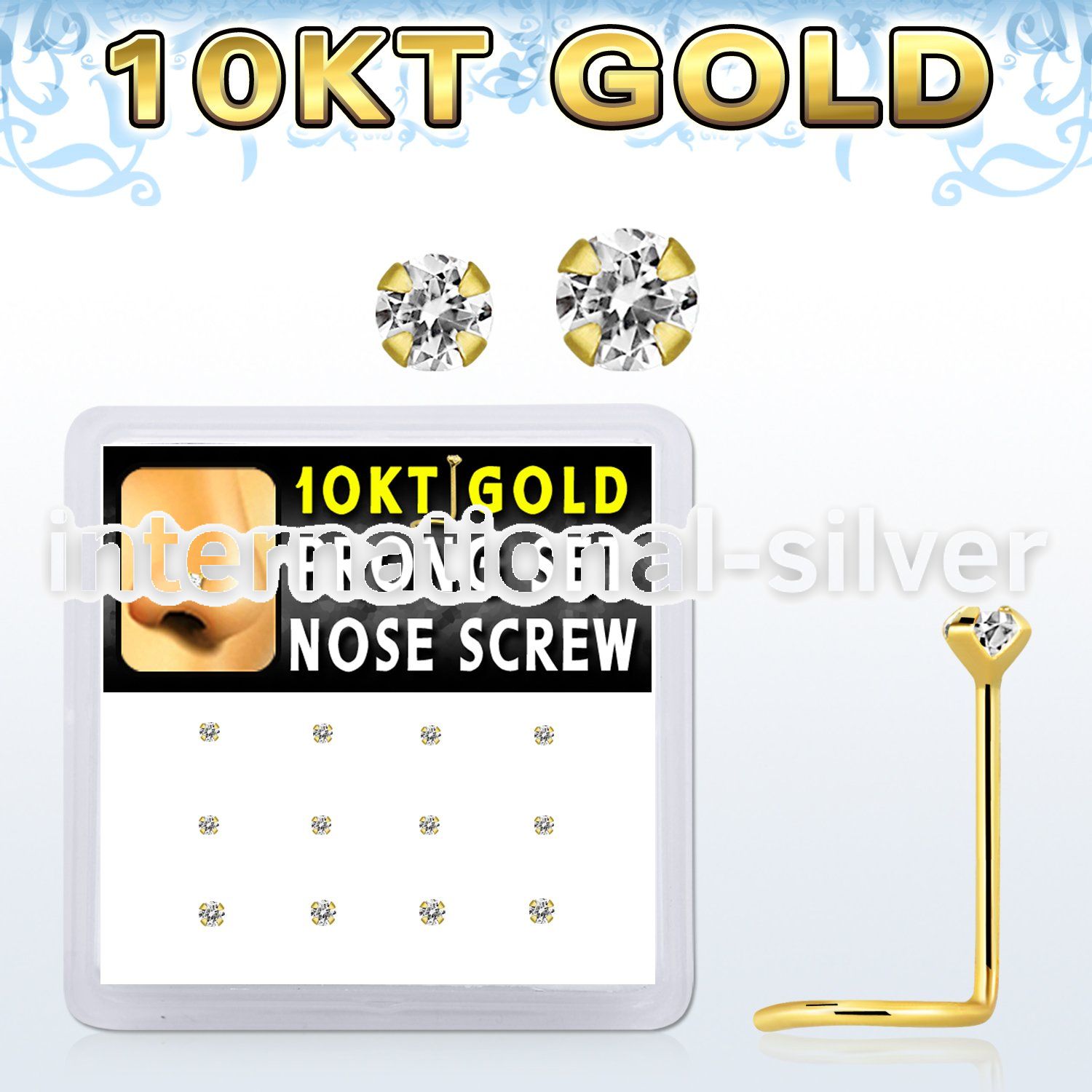 dgisc11 box w 10kt gold nose screws w 1.5 2 mm round cz tops