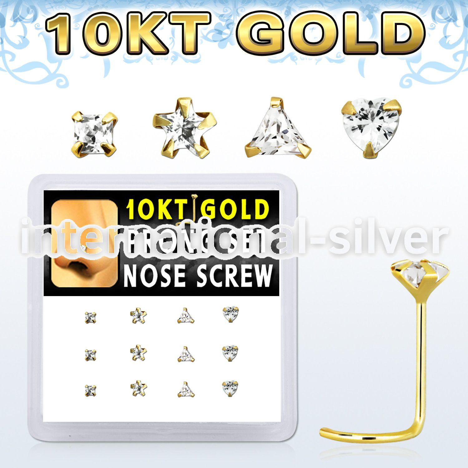 dgisc13 box w 10kt gold nose screws w 3 mm special shape cz tops