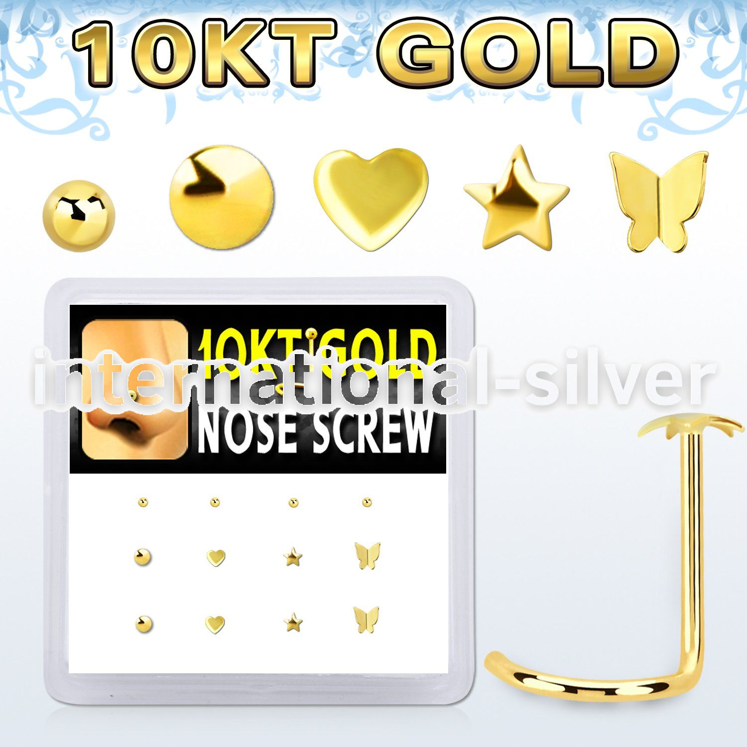 dgisc16 box w 10kt gold nose screw w 3mm cz stones in mix shape