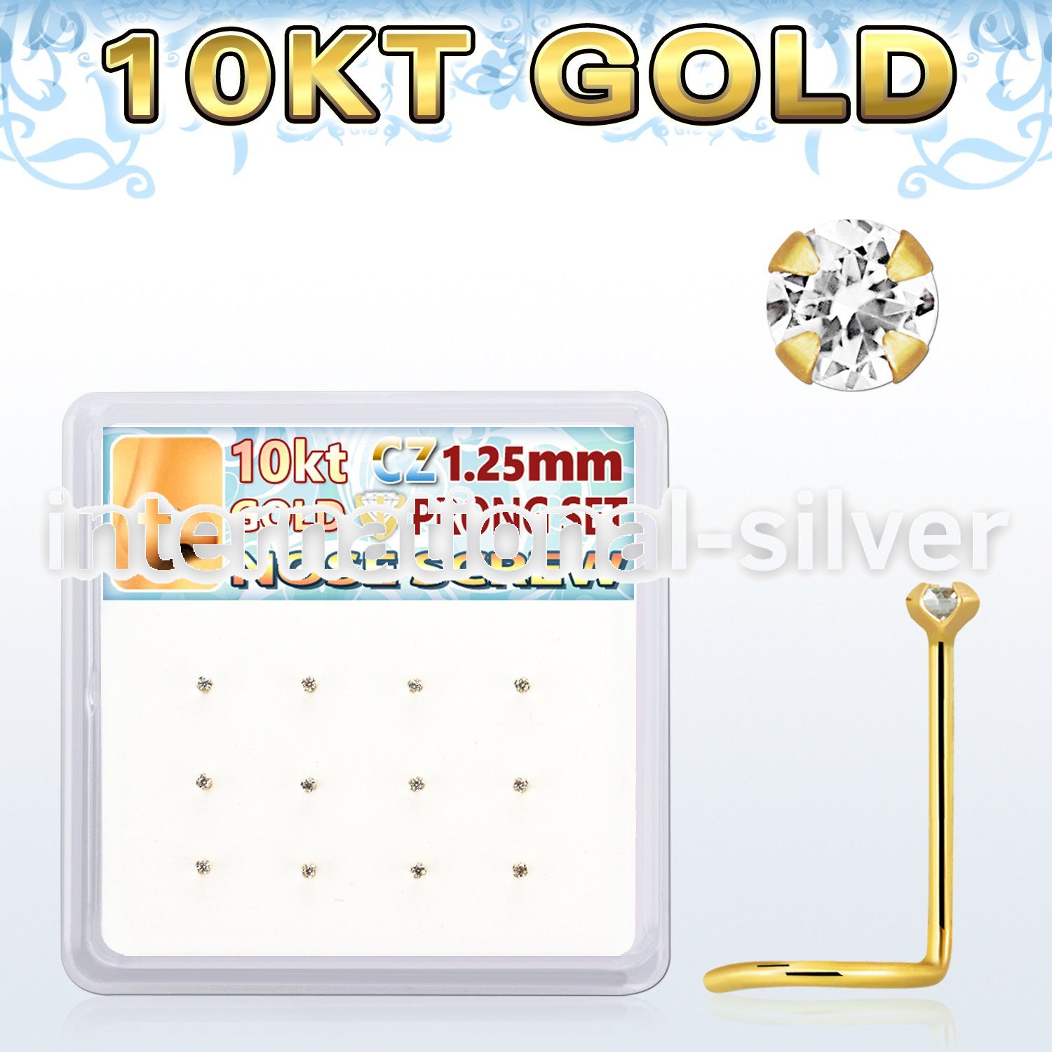 dgisc22 box w 10kt gold nose screws w 1.25mm clear round cz 