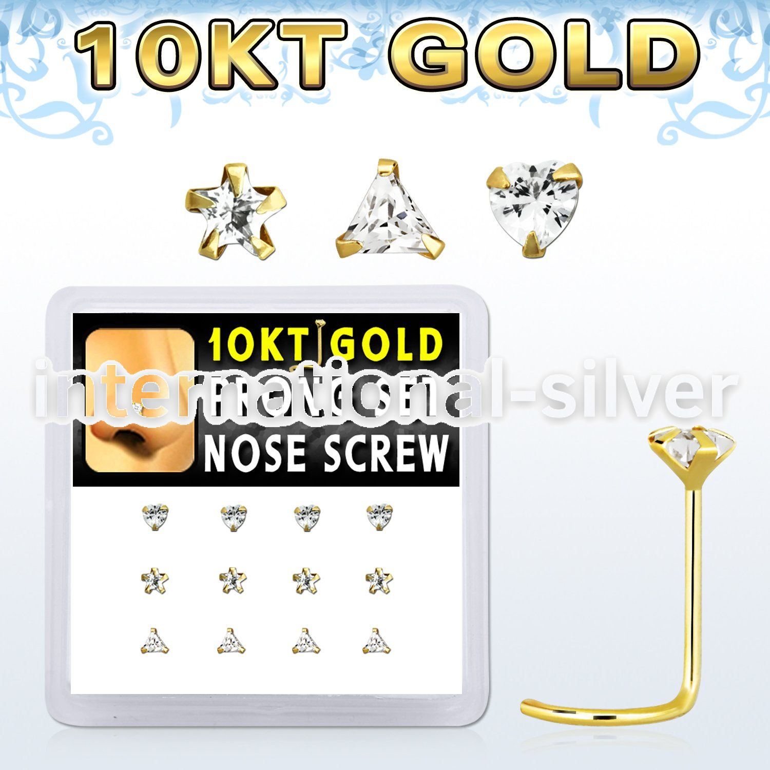 dgisc9 box w 12 pcs of 10kt gold nose screw w clear assorted cz