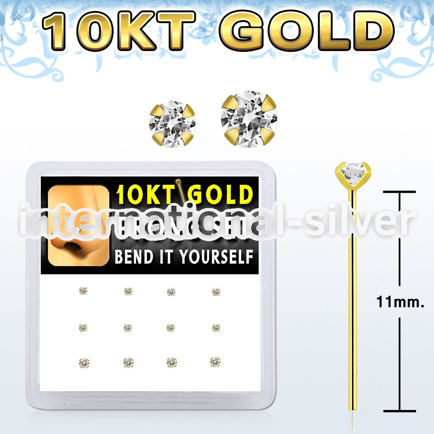 dgiys11 box 10kt gold bend it nose stud w 1.5 2mm prong set cz