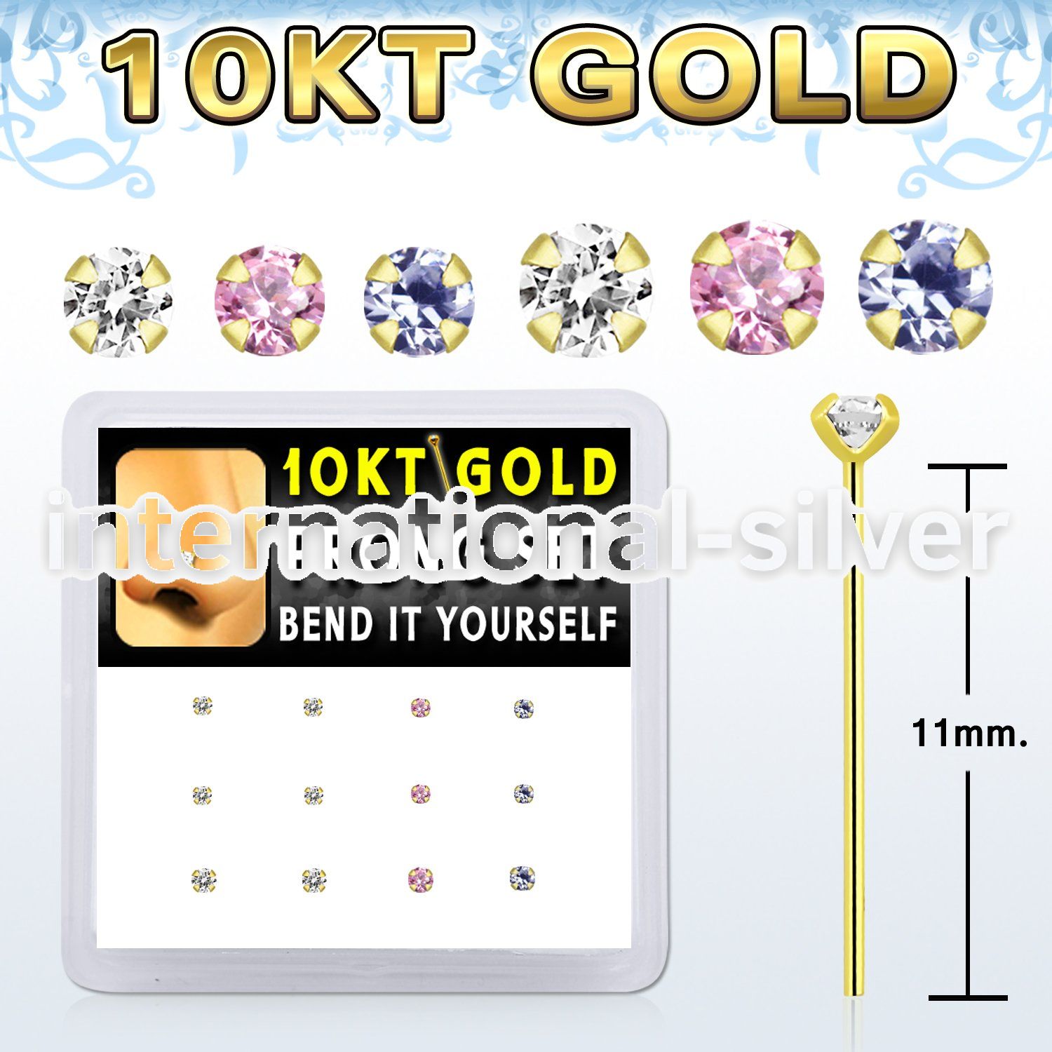 dgiys12 box 10kt gold bend it nose stud w 1.5 2mm color czs
