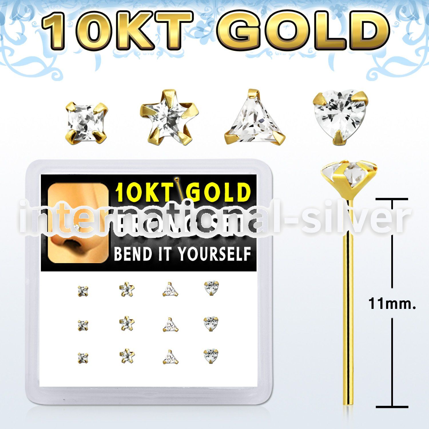 dgiys13 box w 12 10kt gold bend it nose studs w mixed shape czs