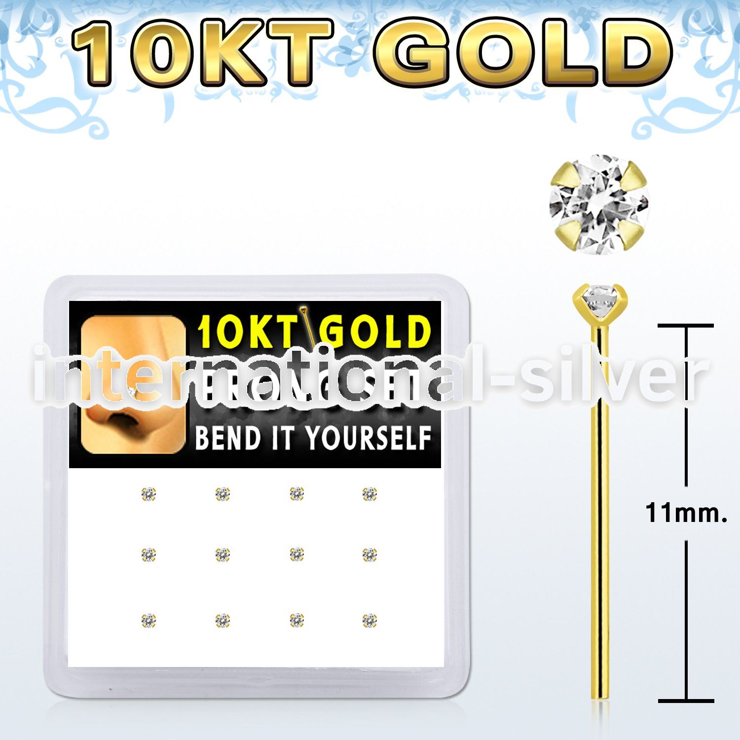 dgiys20 box w 10kt gold bend it nose studs w 1.5mm prong set czs