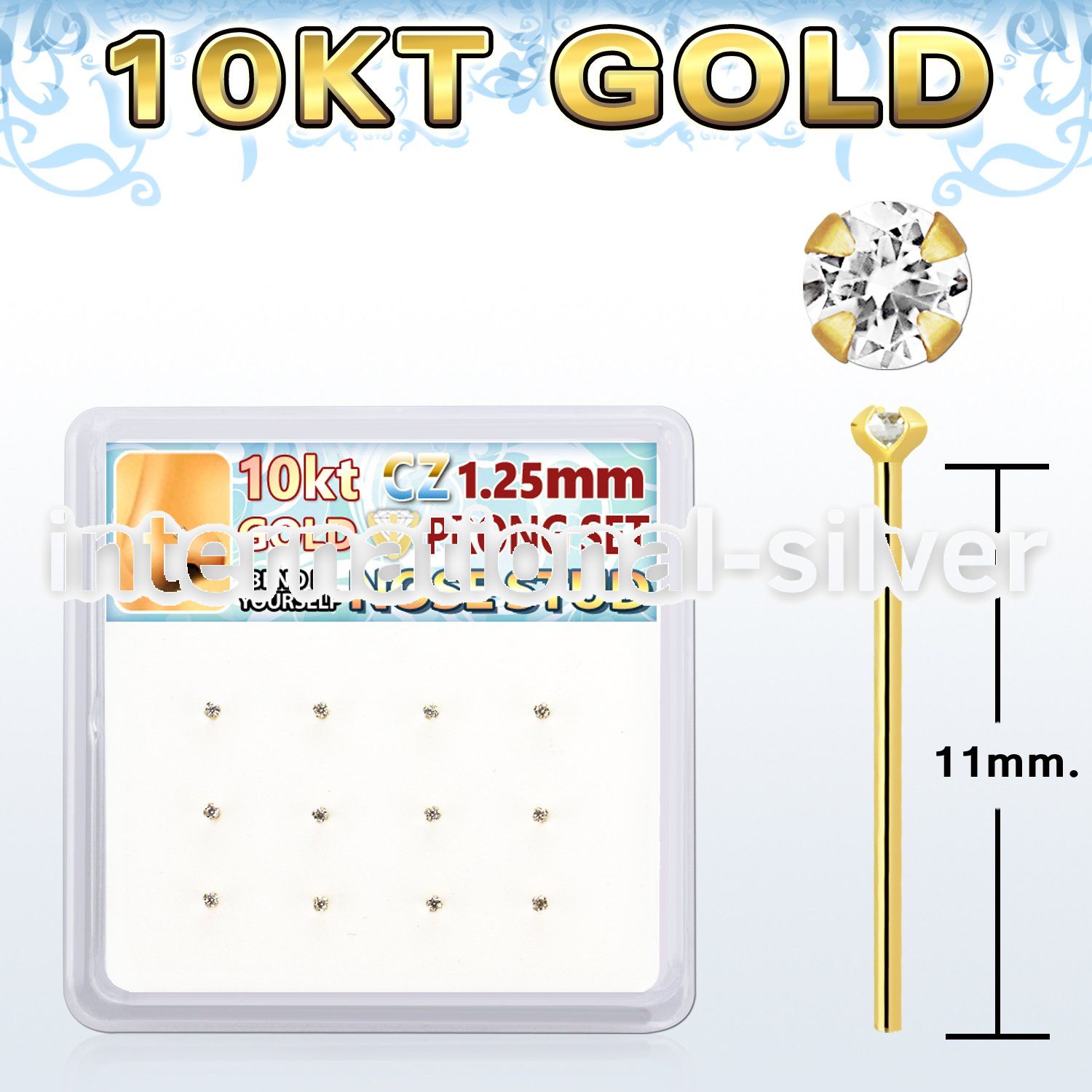 dgiys22 box w 10kt gold nose bend it nose stud w 1.2mm clear cz 
