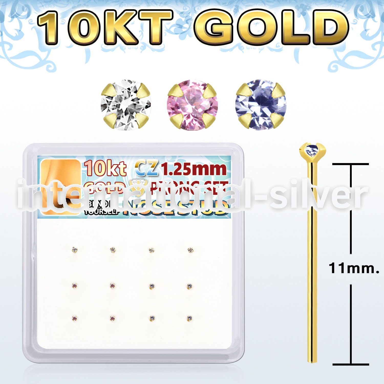 dgiys23 box w 10kt gold nose bend it nose stud w 1.2mm round cz 