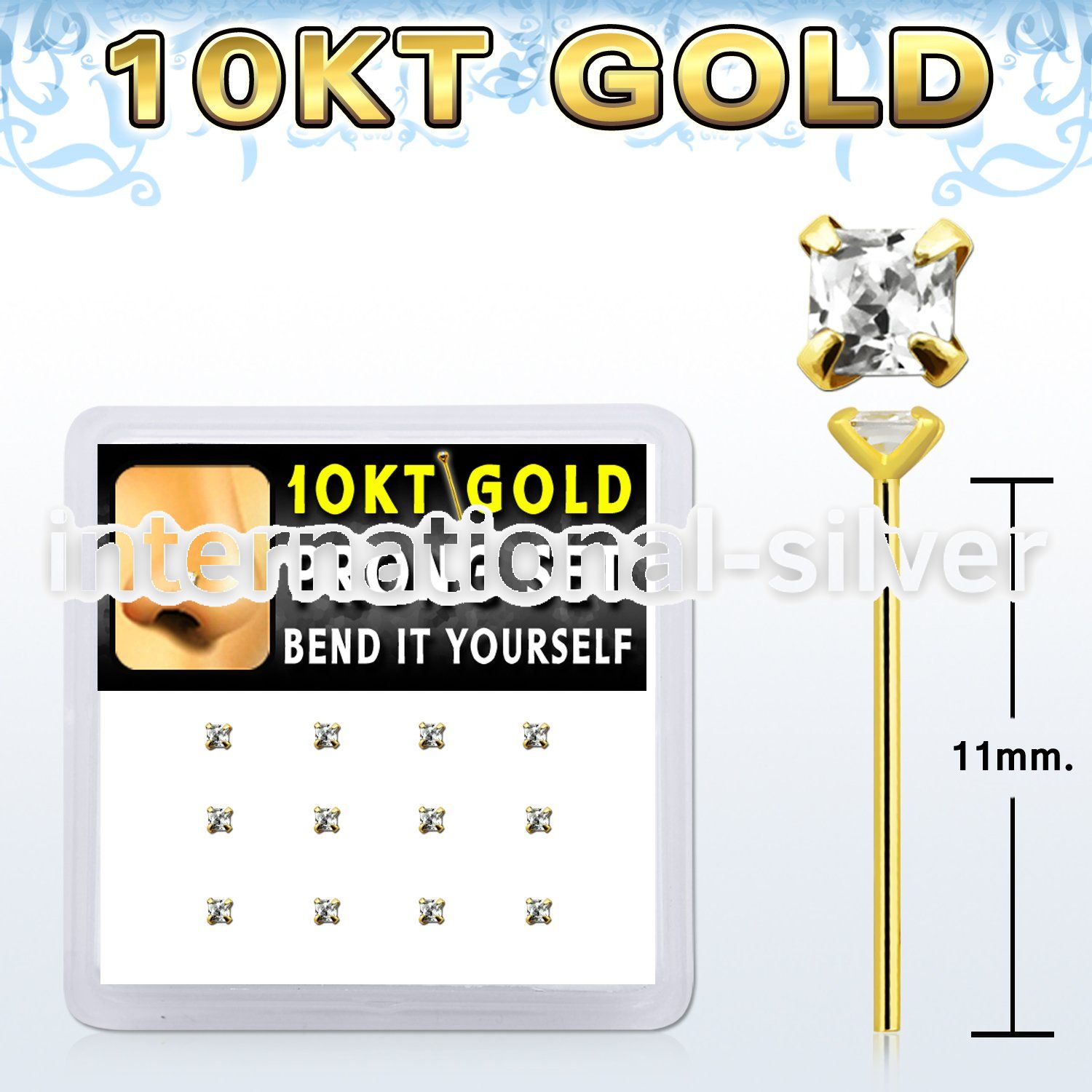 dgiys25 box w 12 10kt gold bend it nose studs w 2mm round czs