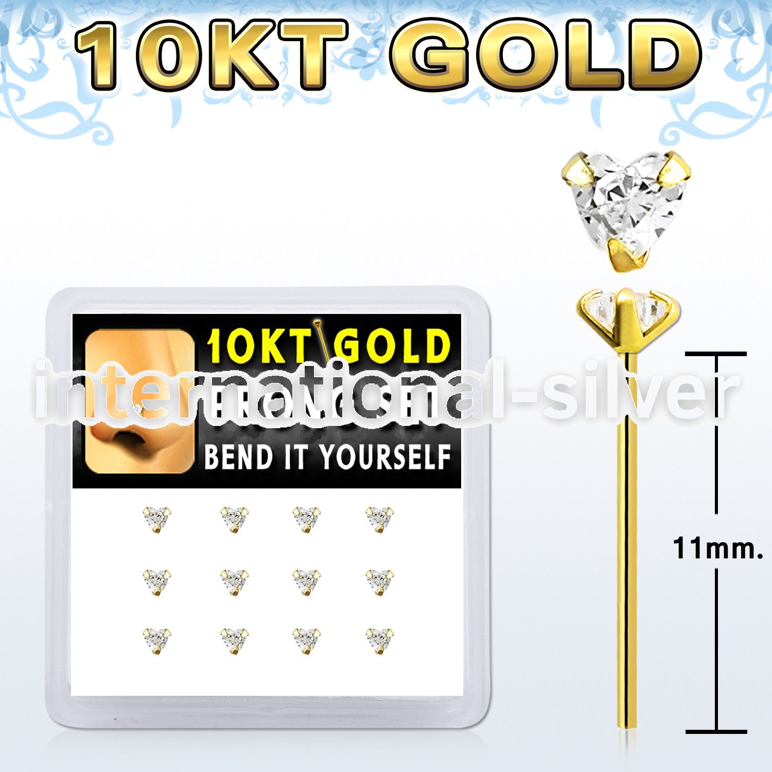 dgiys3 box w 10kt gold bend it nose studs w 3mm heart cz 