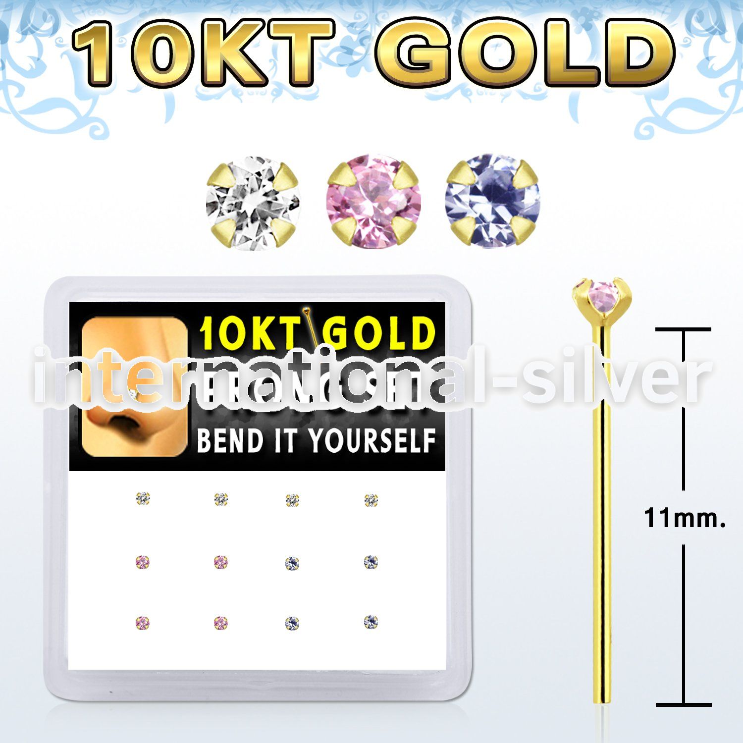 dgiys4 box w 10kt gold bend it nose studs w prong set 1.5mm cz 