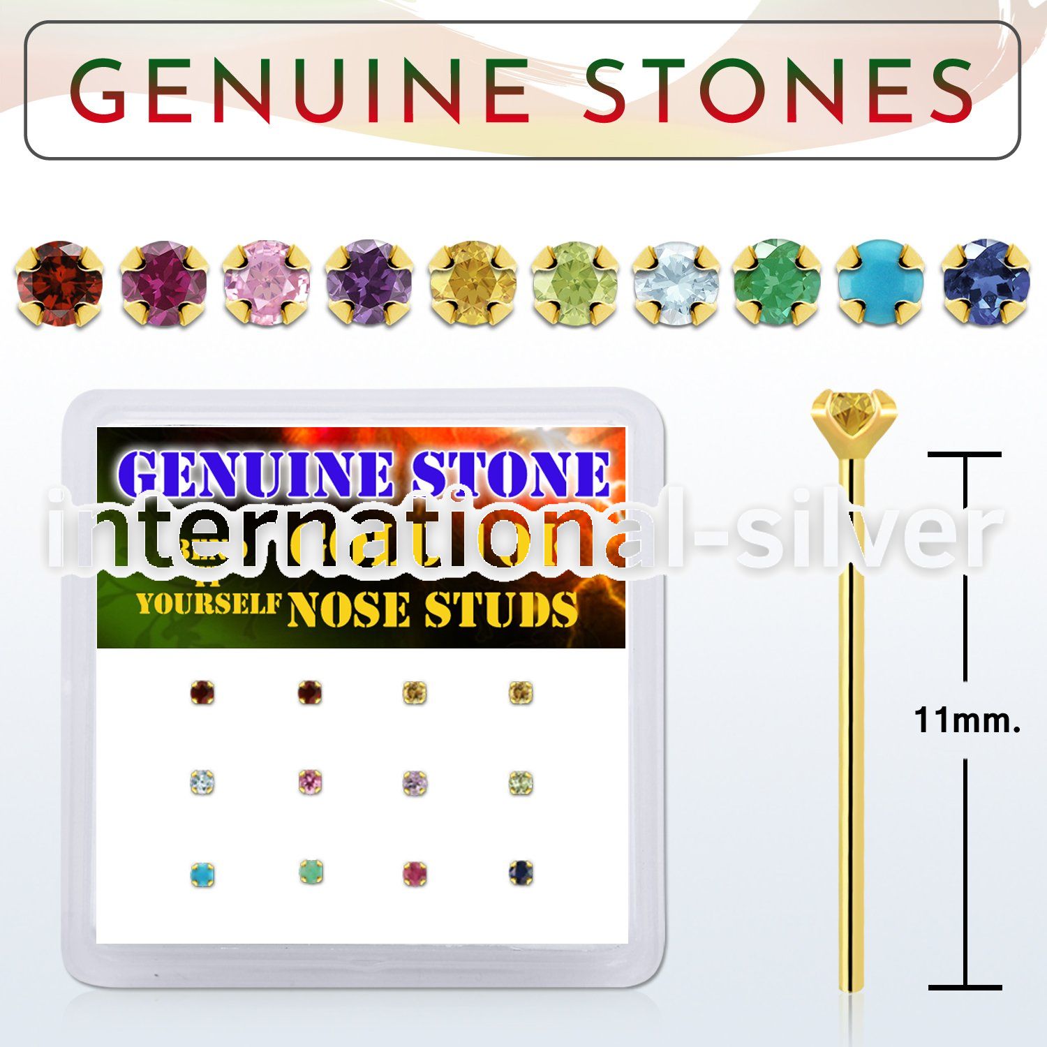 dgiys8 box w 10kt gold bend it nose studs w 2mm real gem stones