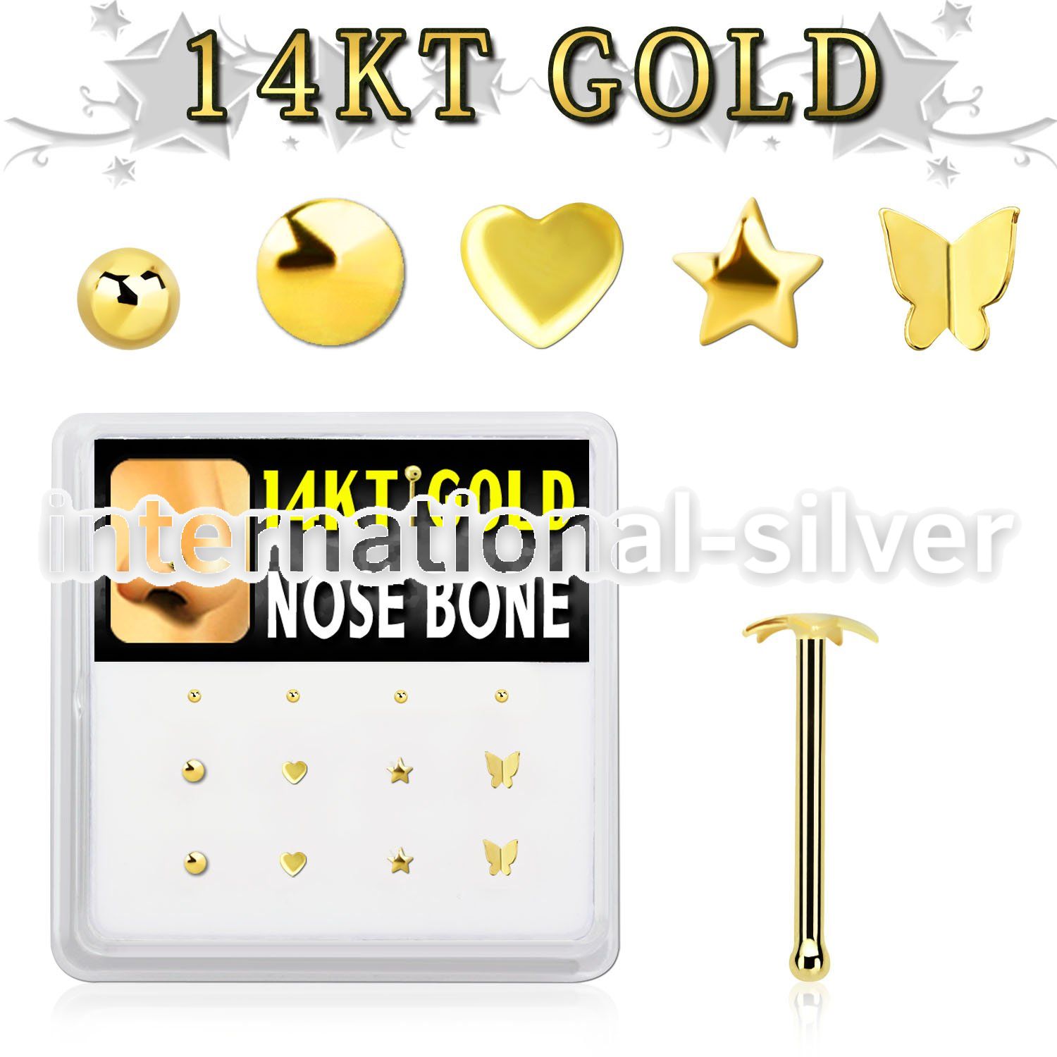 dgnb16 box w 14kt gold nose bones w mixed plain tops