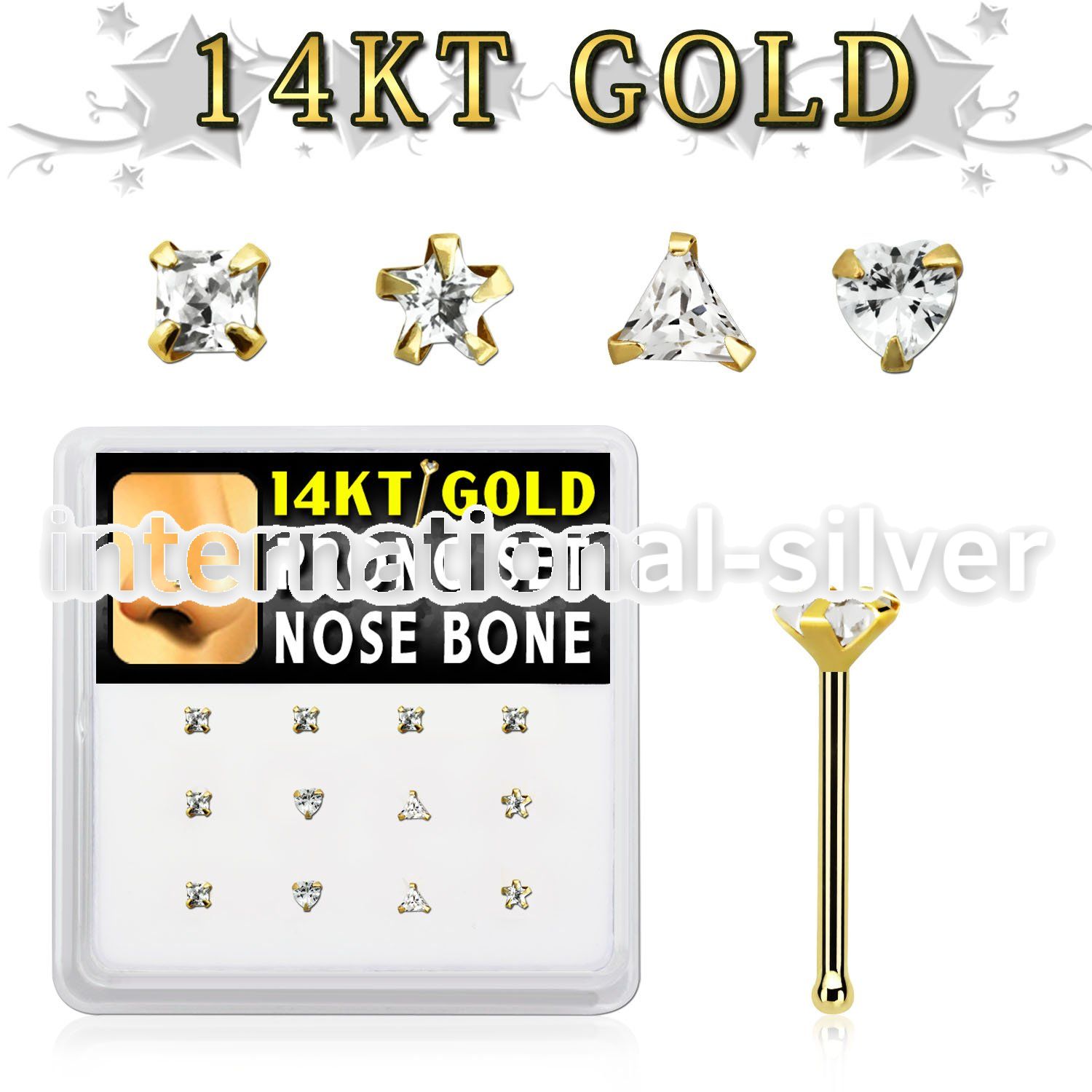dgnb17 box w 14kt gold nose bones w 3mm cz stones in mix shape