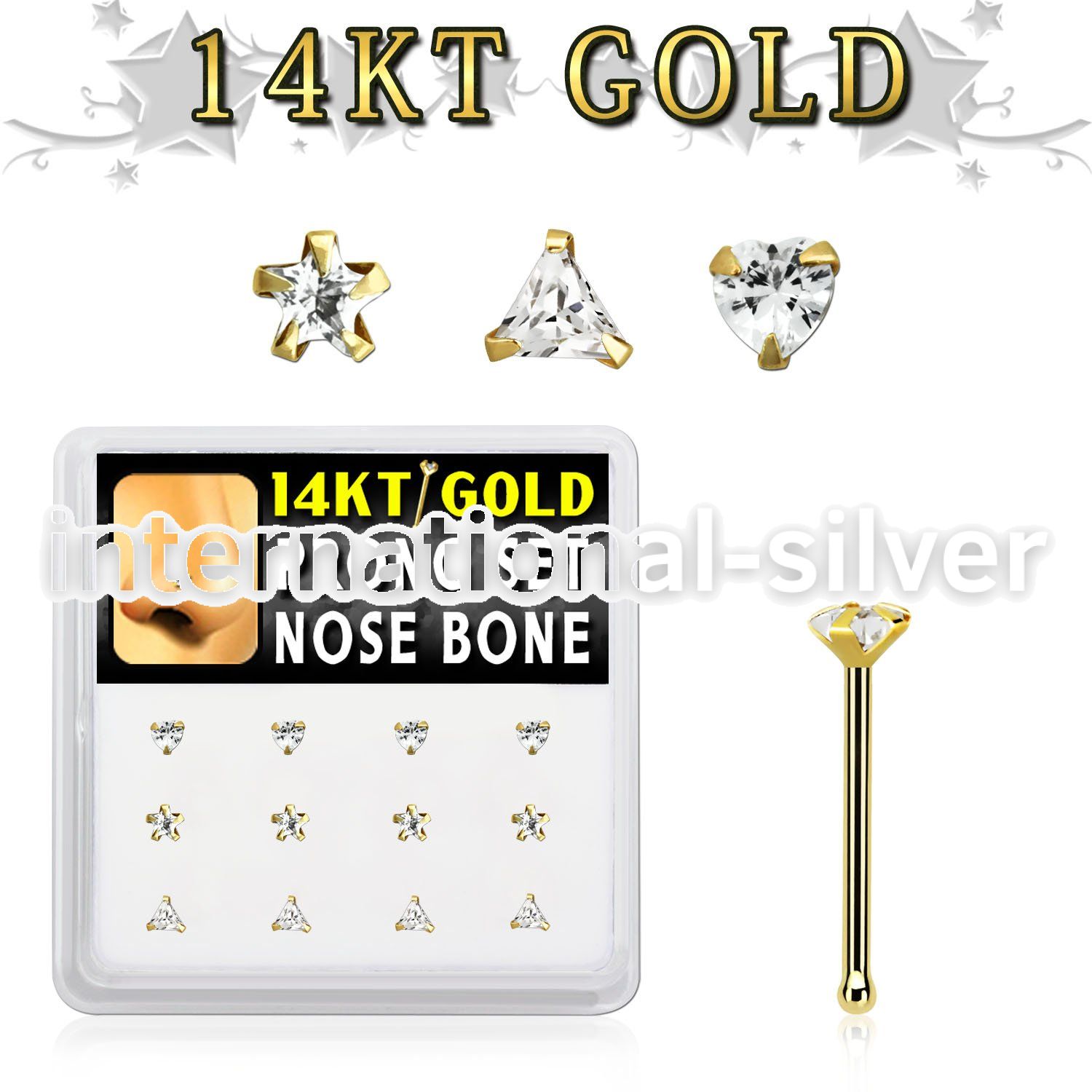 dgnb20 box w 14kt gold nose bones w 3mm cz in mixed shapes