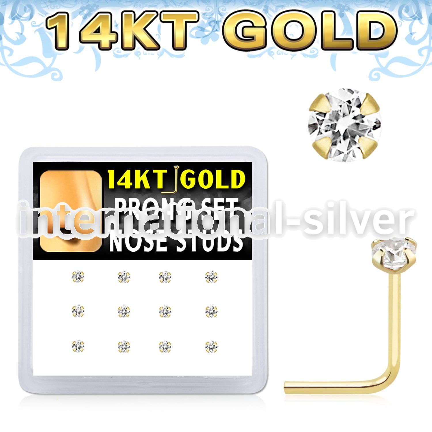 dgns6 14k gold nose studs with 2mm clear cz prong 12pcs