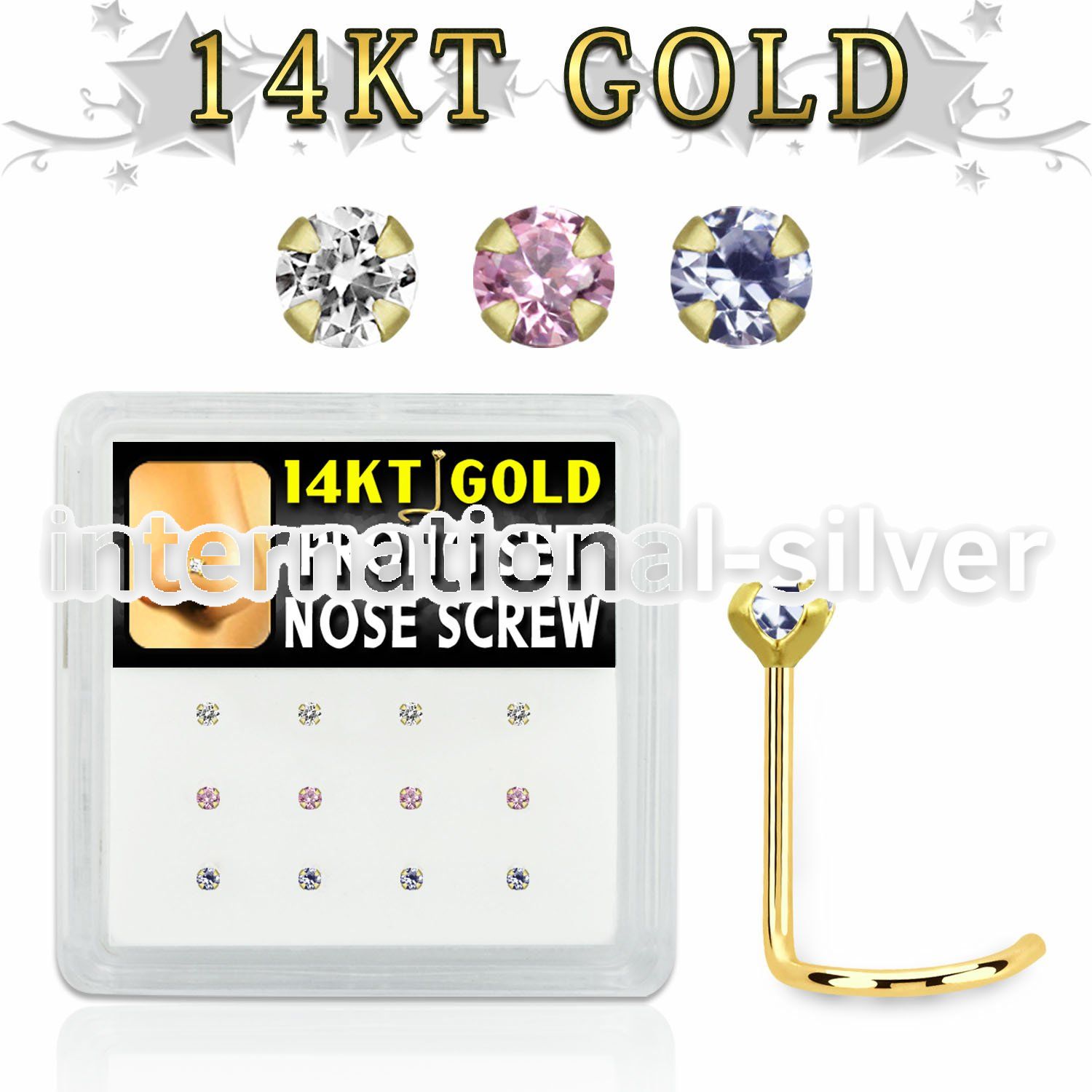 dgsc27 box w 14kt gold nose screw w prong set 2mm mix color czs