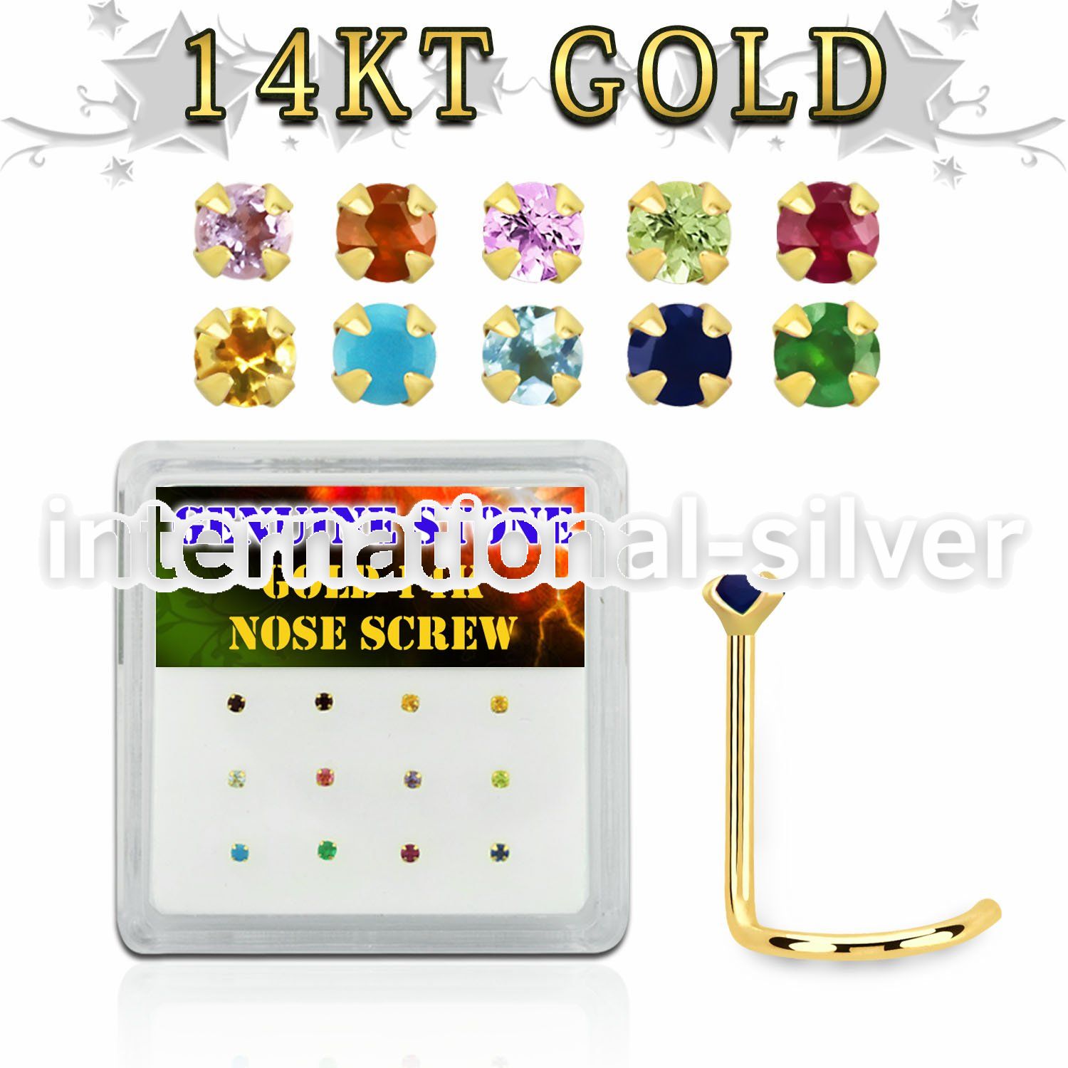 dgsc8 box w 14kt gold nose screws w 2mm genuine gemstones