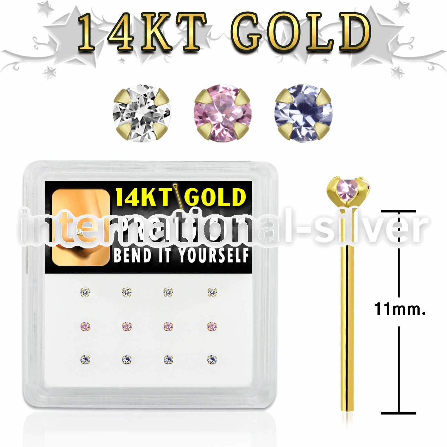 dgys27 box w 14kt gold bend it nose studs w prong set 2mm cz 