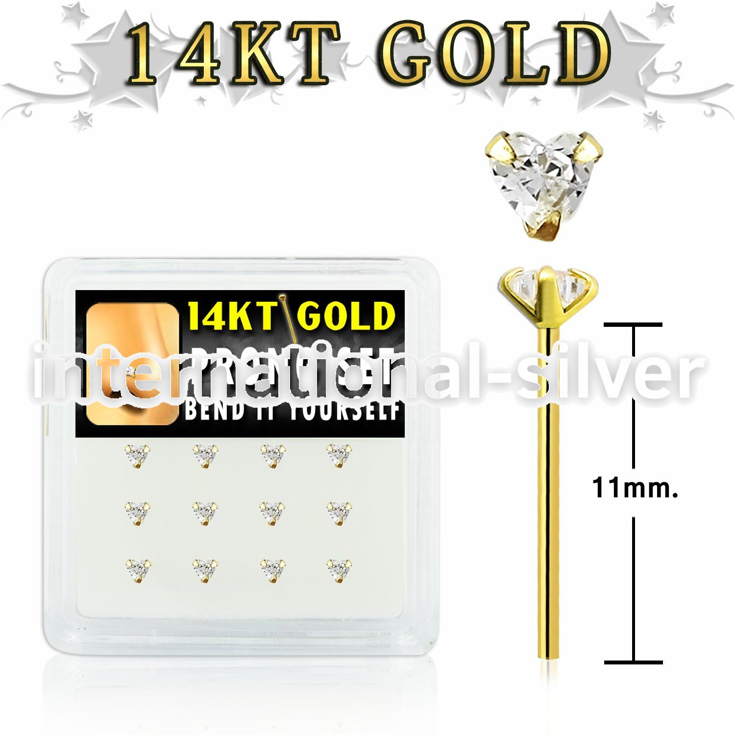 dgys3 box w 14kt gold bend it nose studs w 3mm heart cz 