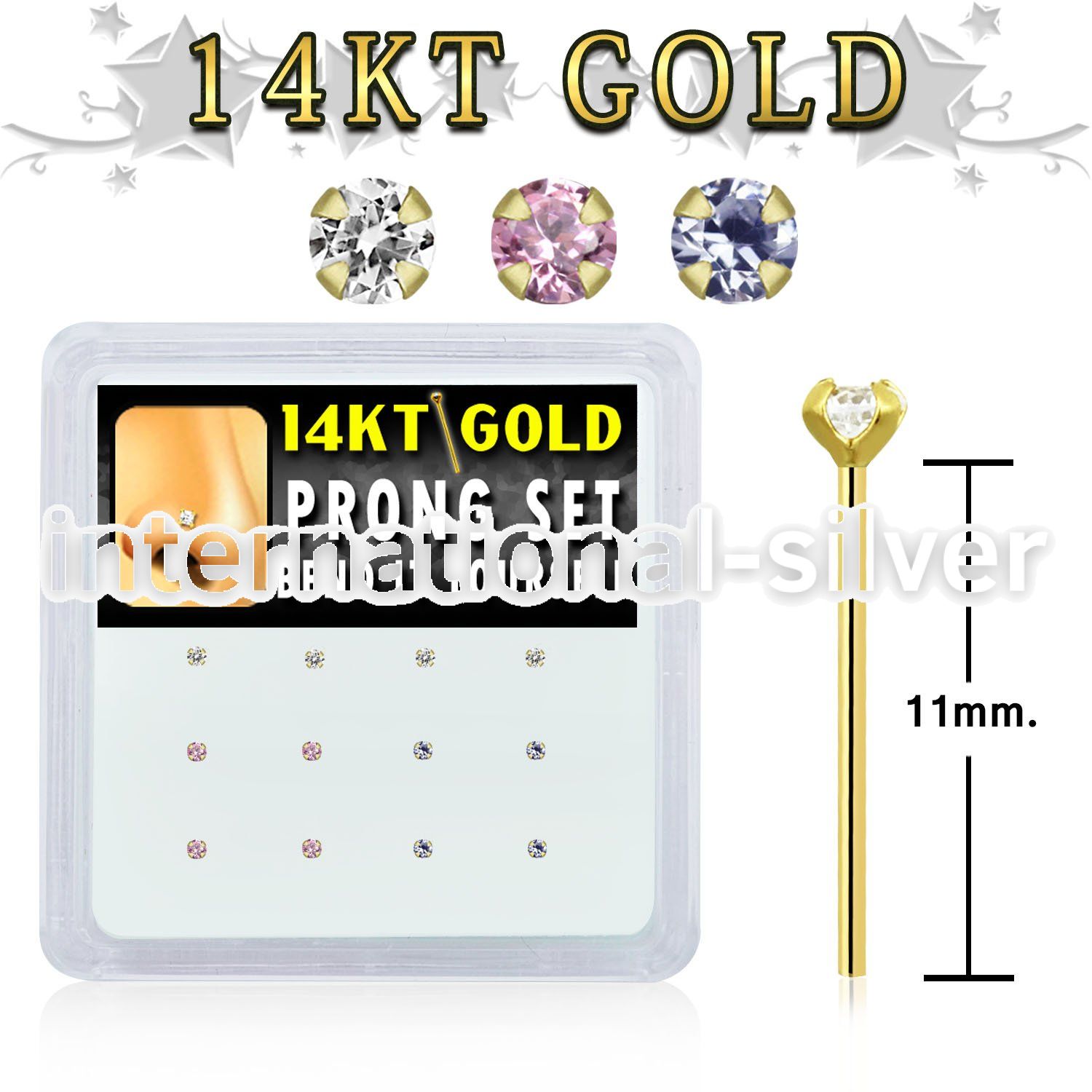 dgys4 box w 14kt gold bend it nose studs w prong set 1.5mm cz 