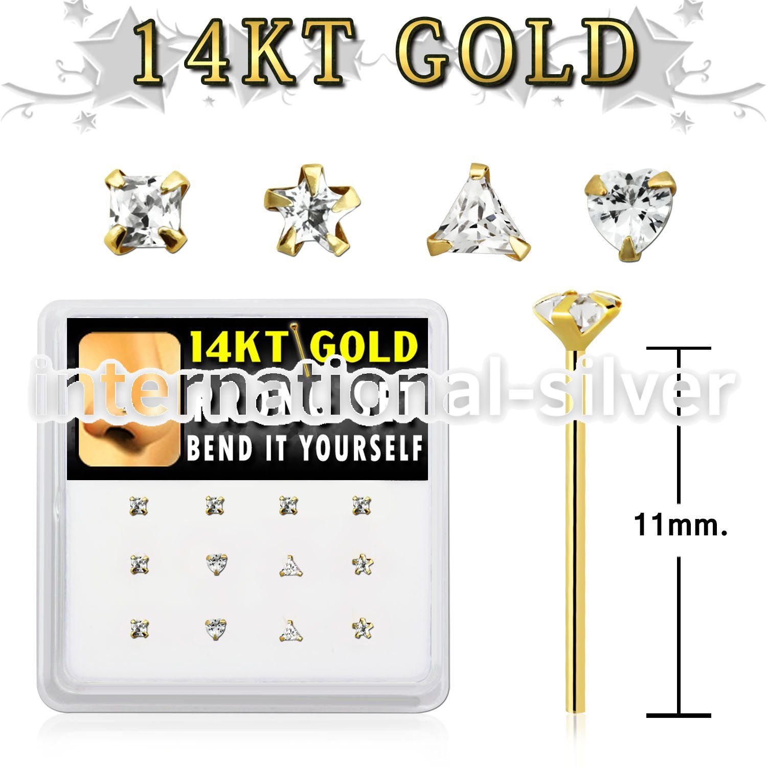 dgys6 box w 14kt gold nose bend it nose studs cz in mix shape