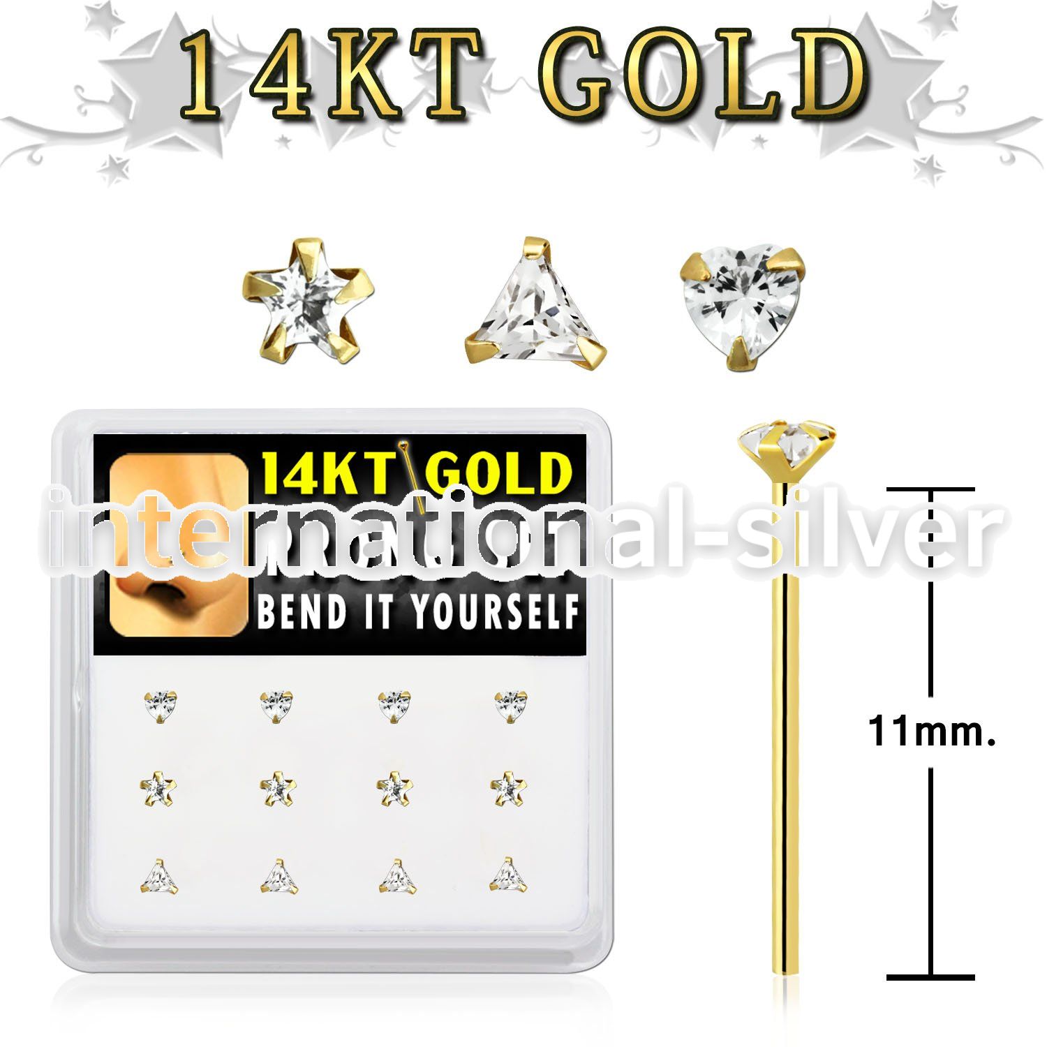 dgys7 box w 14kt gold nose bend it cz nose stud in mixed shape