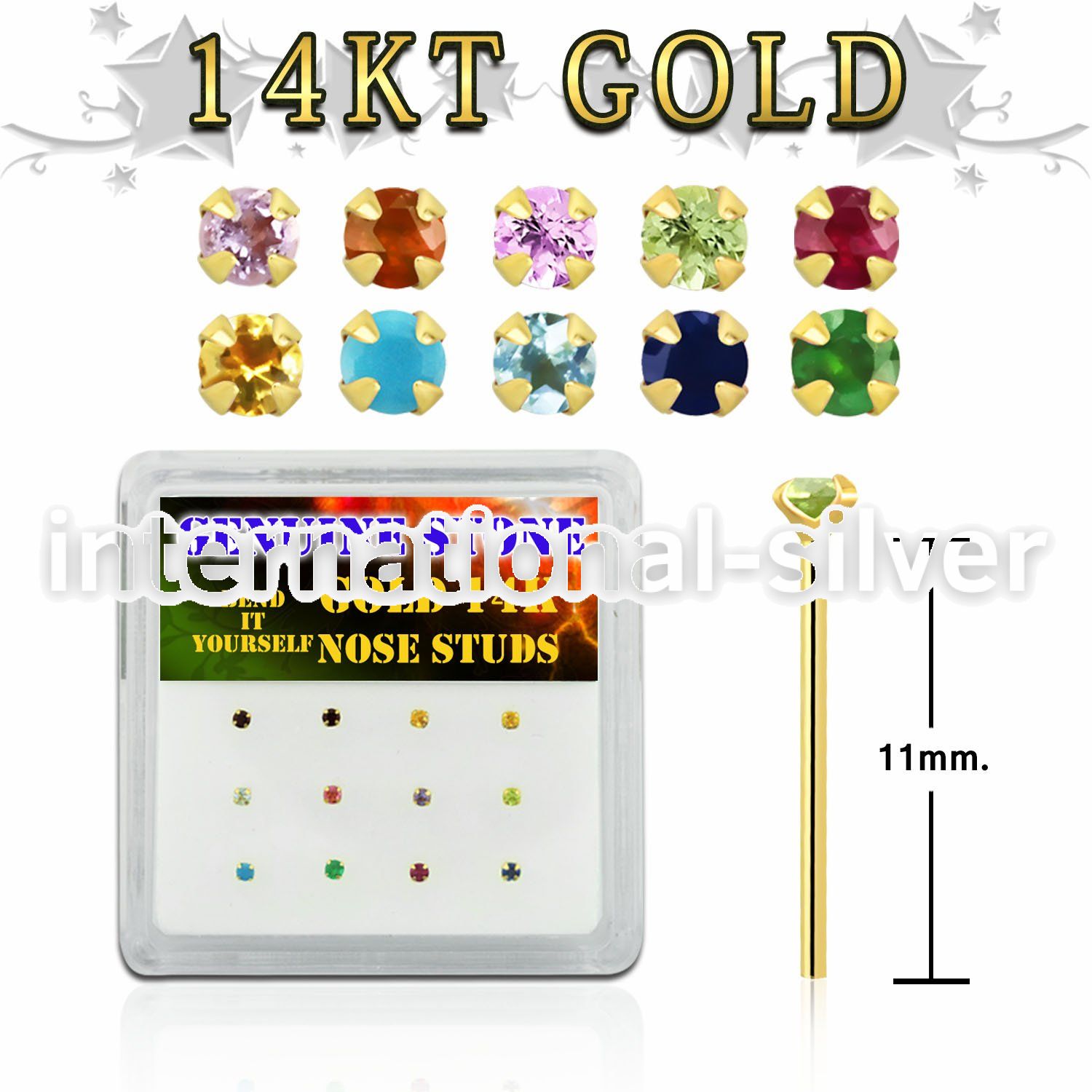 dgys8 box w 14kt gold bend it nose studs w 2mm real gem stones