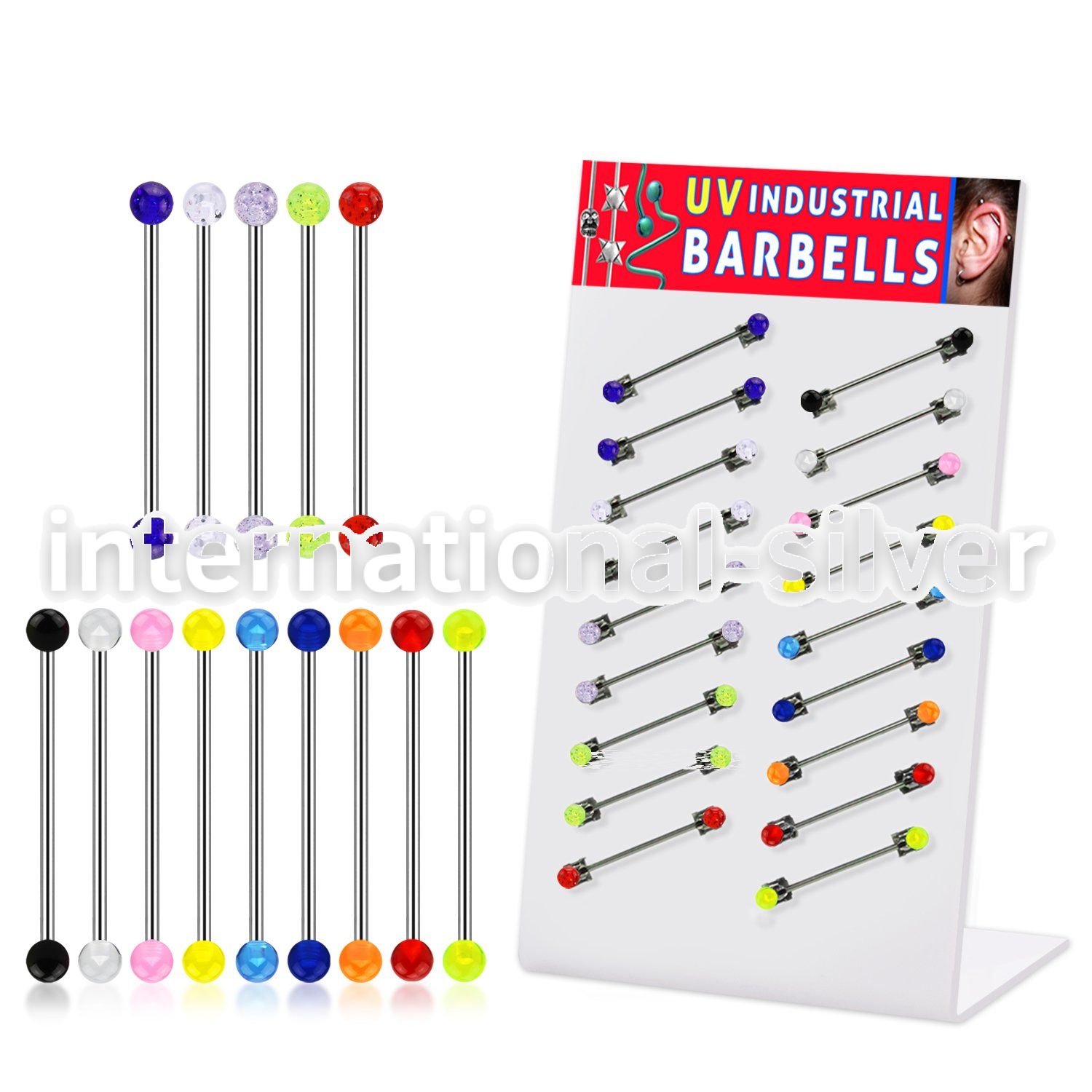 dind4 316l industrial barbell with acrylic uv glitter ball