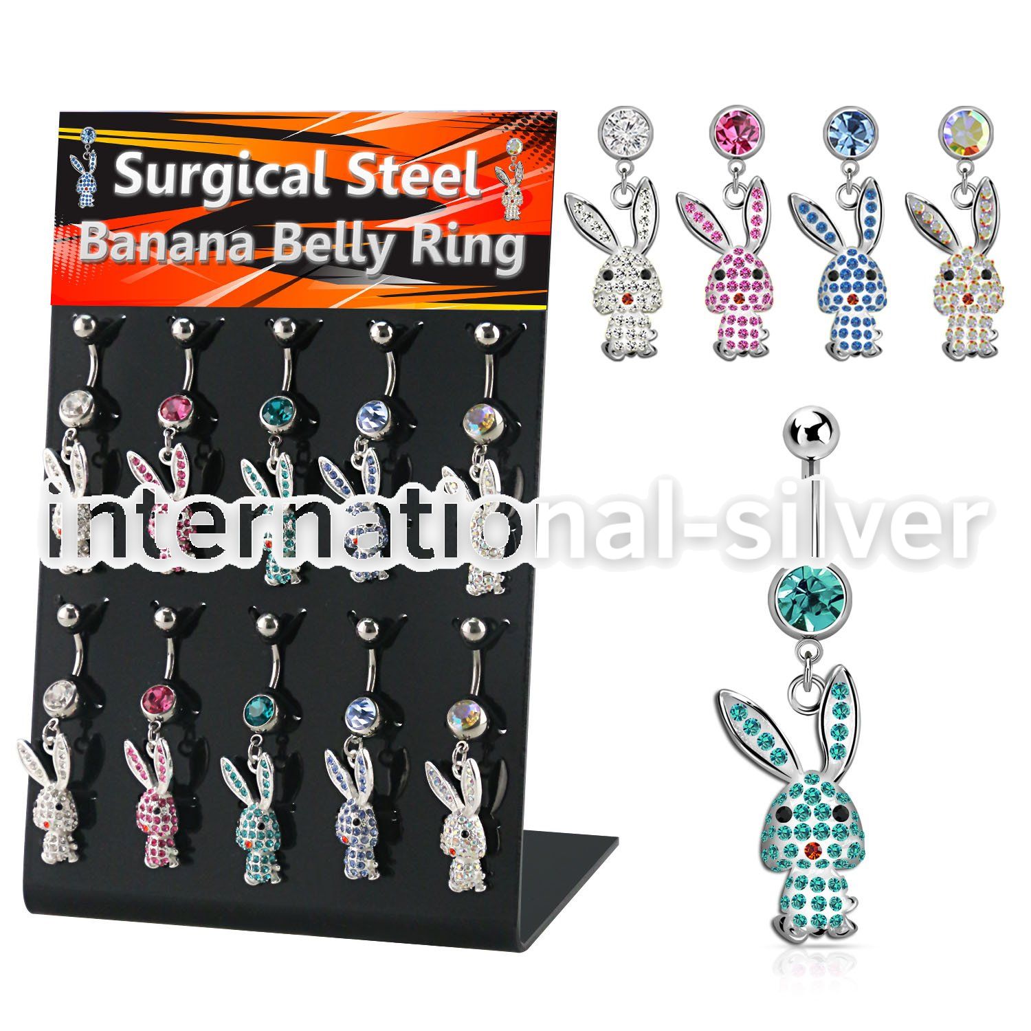 dmix17b display w steel belly banana w dangling crystal rabbit 