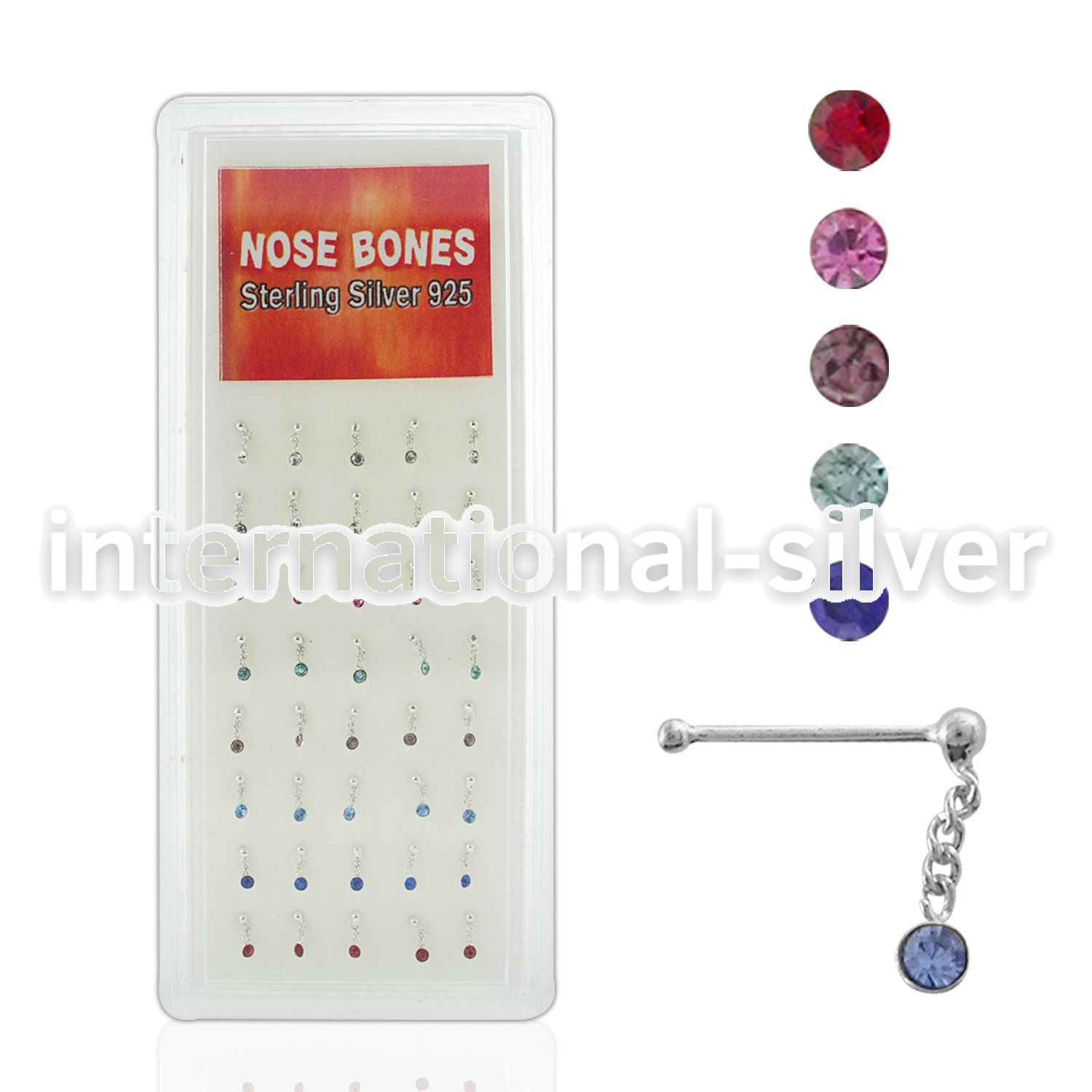 dnbdm1 box of silver nose bones w ball dangling round crystal