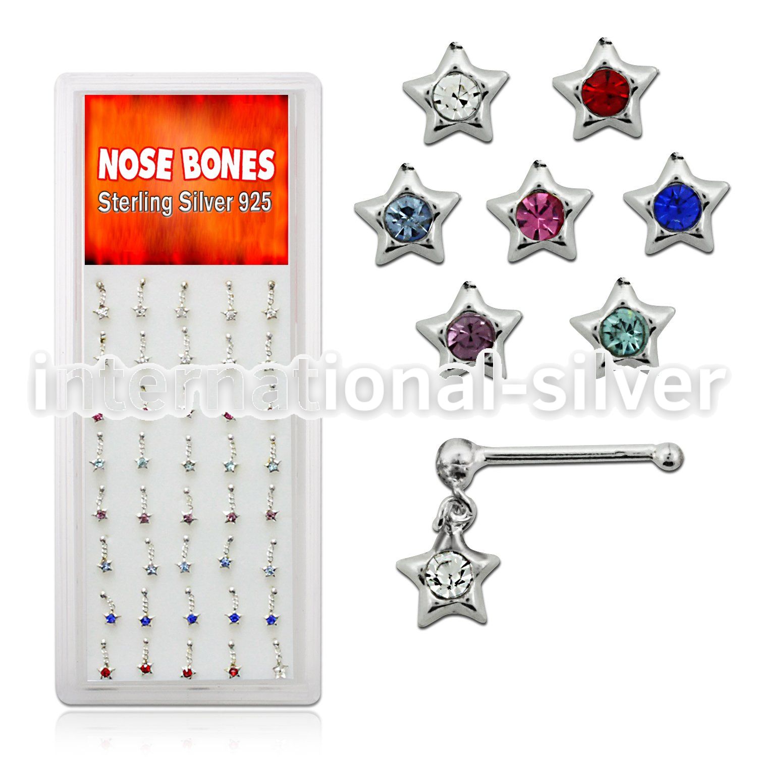 dnbdm2 silver nose bones with dangling star w crystal in colors