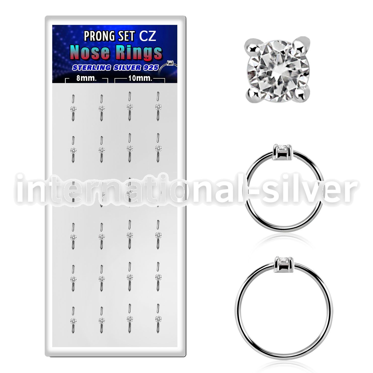 dnsm163 box w 24 silver nose rings w set 2mm clear cz tops