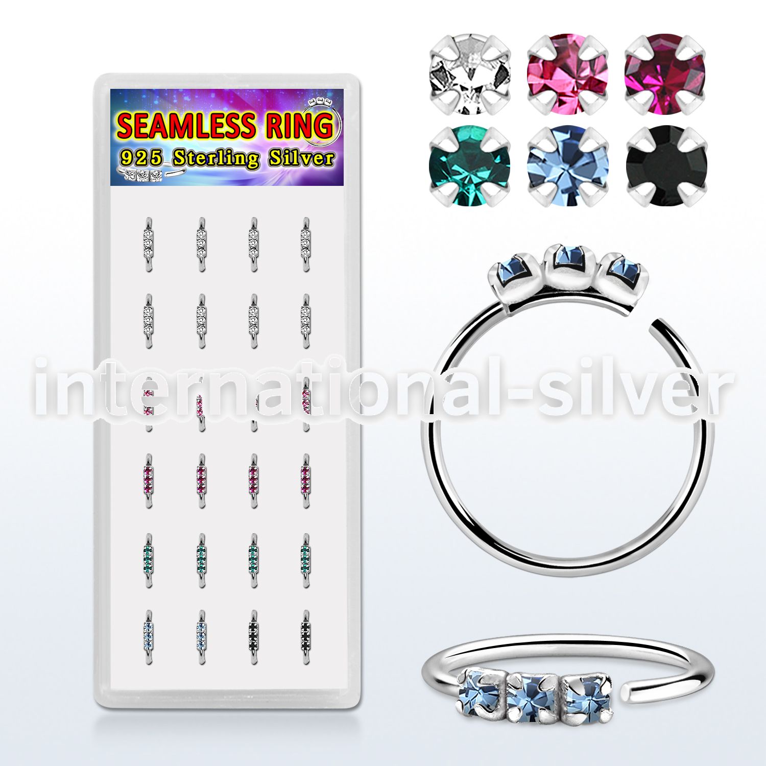 dnsm266 925 sterling silver seamless nose hoop rings 1.5mm curved tops color gems